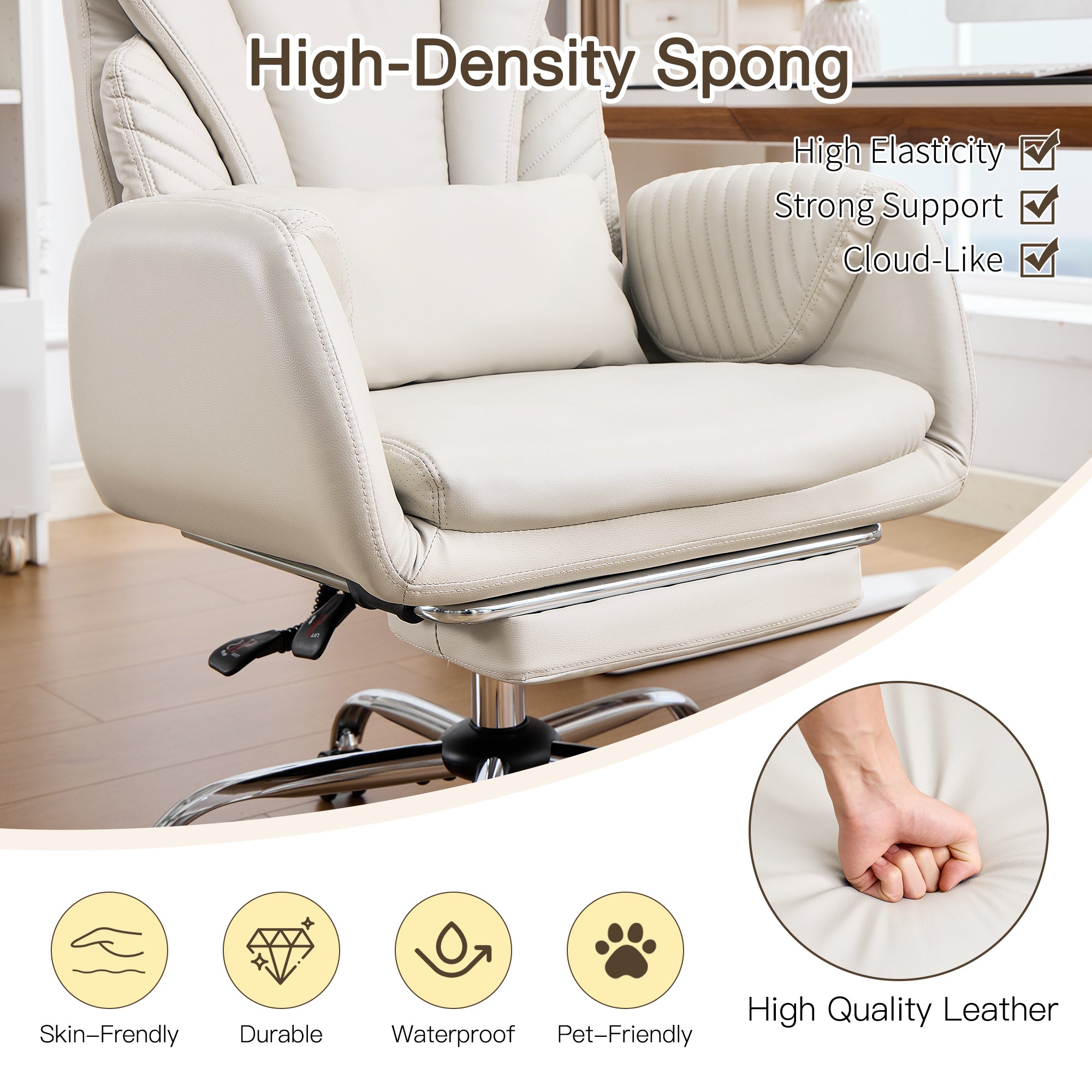 HOMREST Modern Cross Legged Office Chair with Footrest,Leather Ergonomic Executive Chair with Lumbar Pillow, Beige