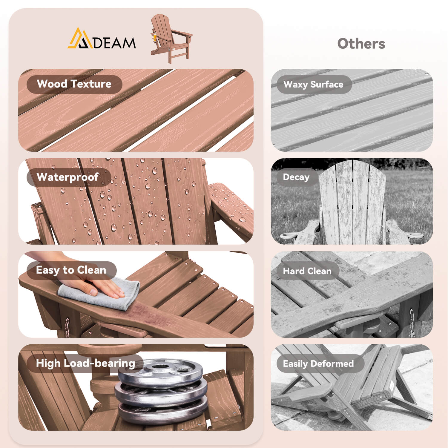 HOMREST 3-Position Adjustable Adirondack Chairs Set of 2, 400LBS HDPE Folding Outdoor Chairs with Cup Holder, Teak