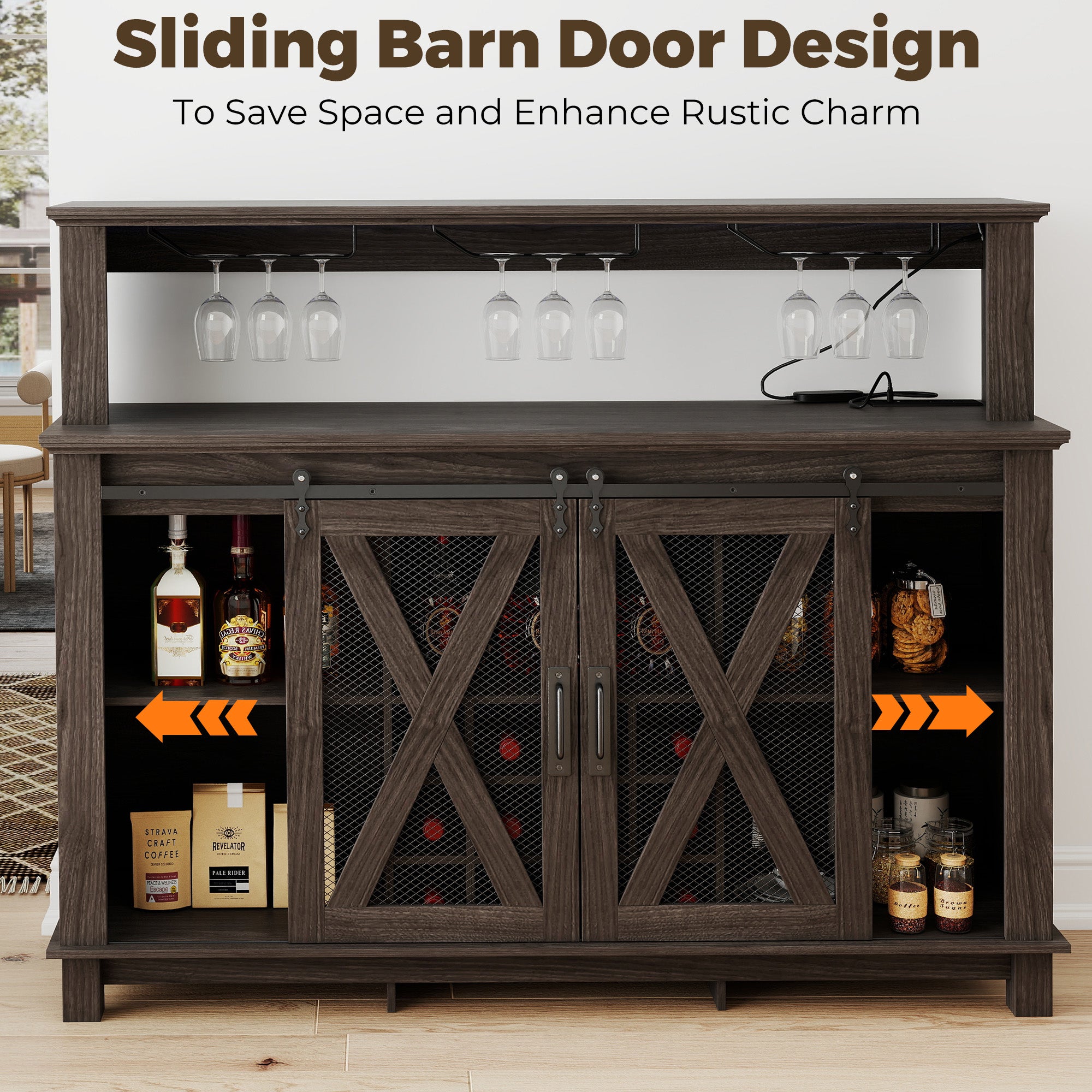 HOMREST 55" Farmhouse Bar Cabinet, Wine Coffee Bar Cabinet With Led Lights And Sliding Barn Door, Home Bar With Wine Racks And Glass Holder,  Black