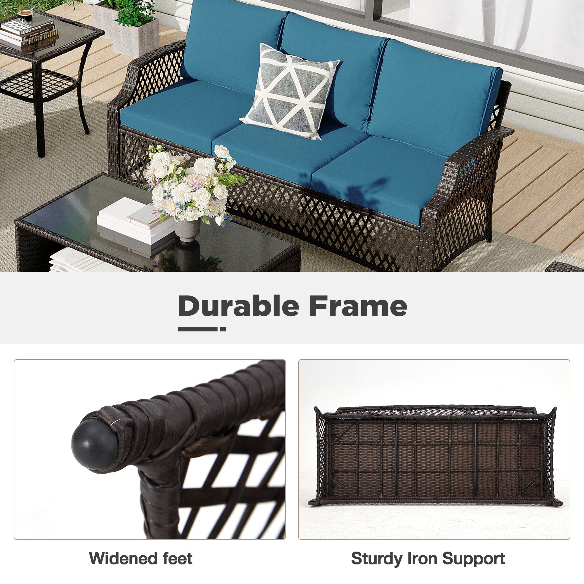 HOMREST 6 Piece Patio Furniture Set, Rattan Outdoor Sectional for Deck Backyard Porch (Turquoise)