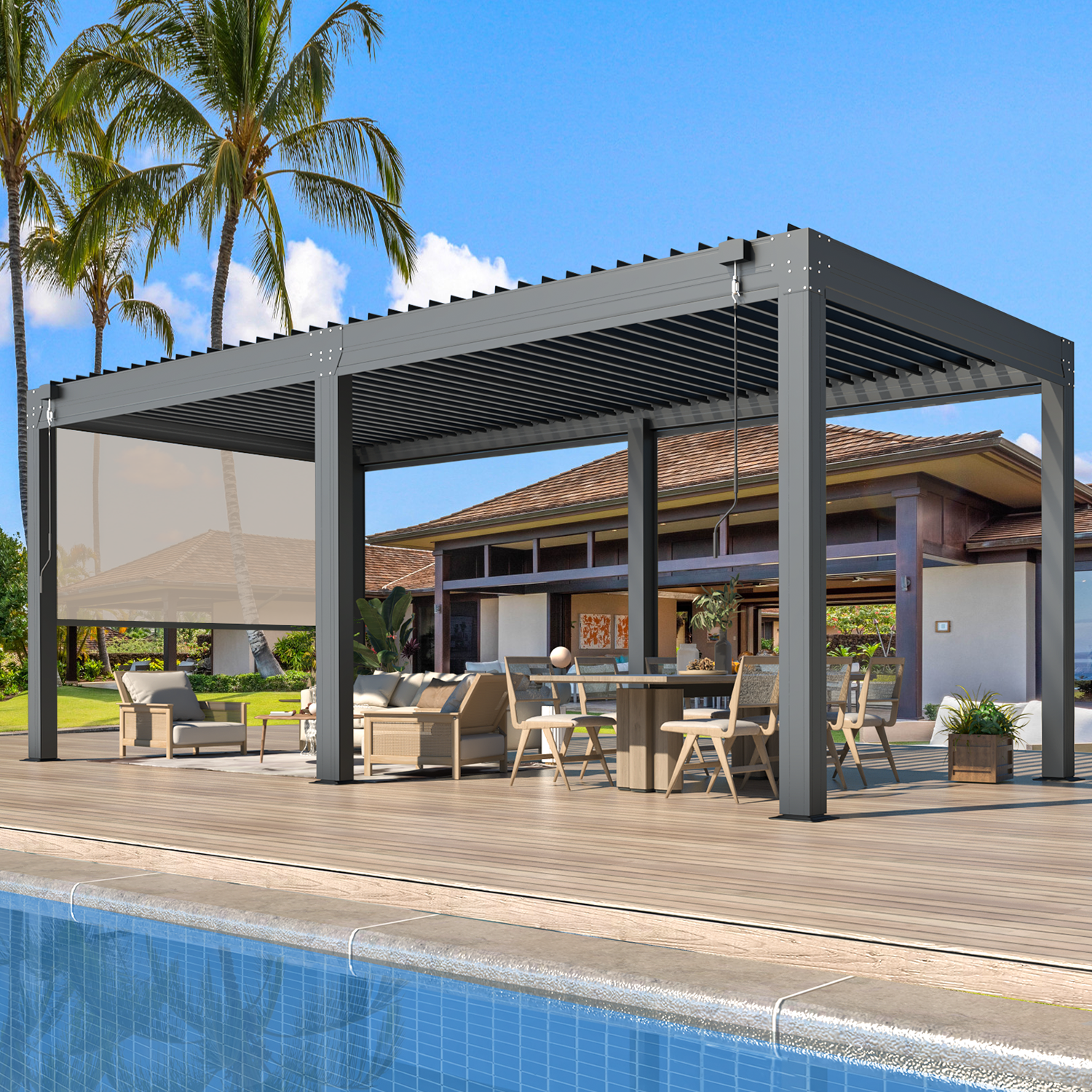 HOMREST 10x20FT Louvered Pergola with 6-Panel Pull-Down Screen, Dark Gray