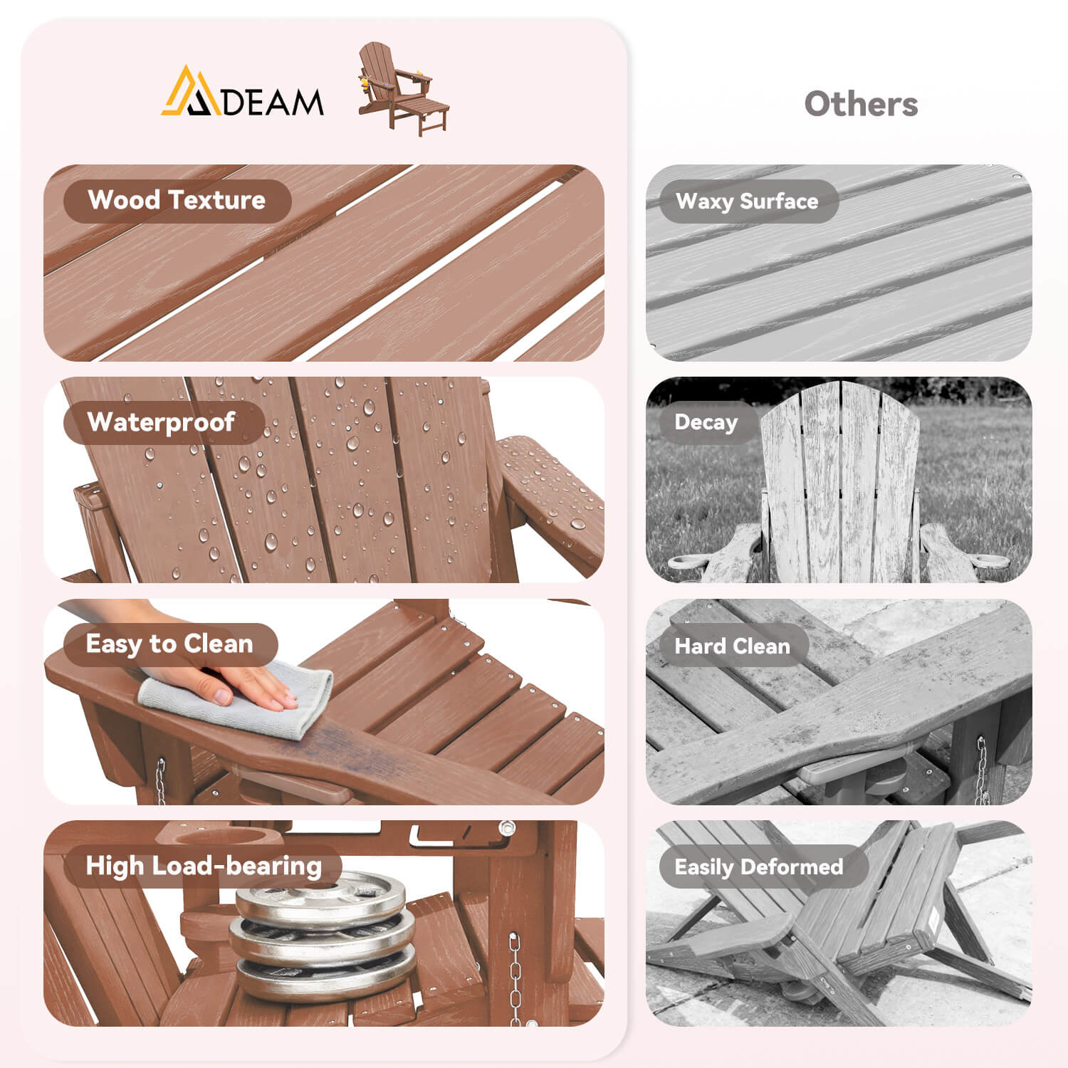 HOMREST 3-Level  Adjustable Adirondack Chair with Retractable Ottoman, Folding HDPE Outdoor Chair with Cup Holders, Teak