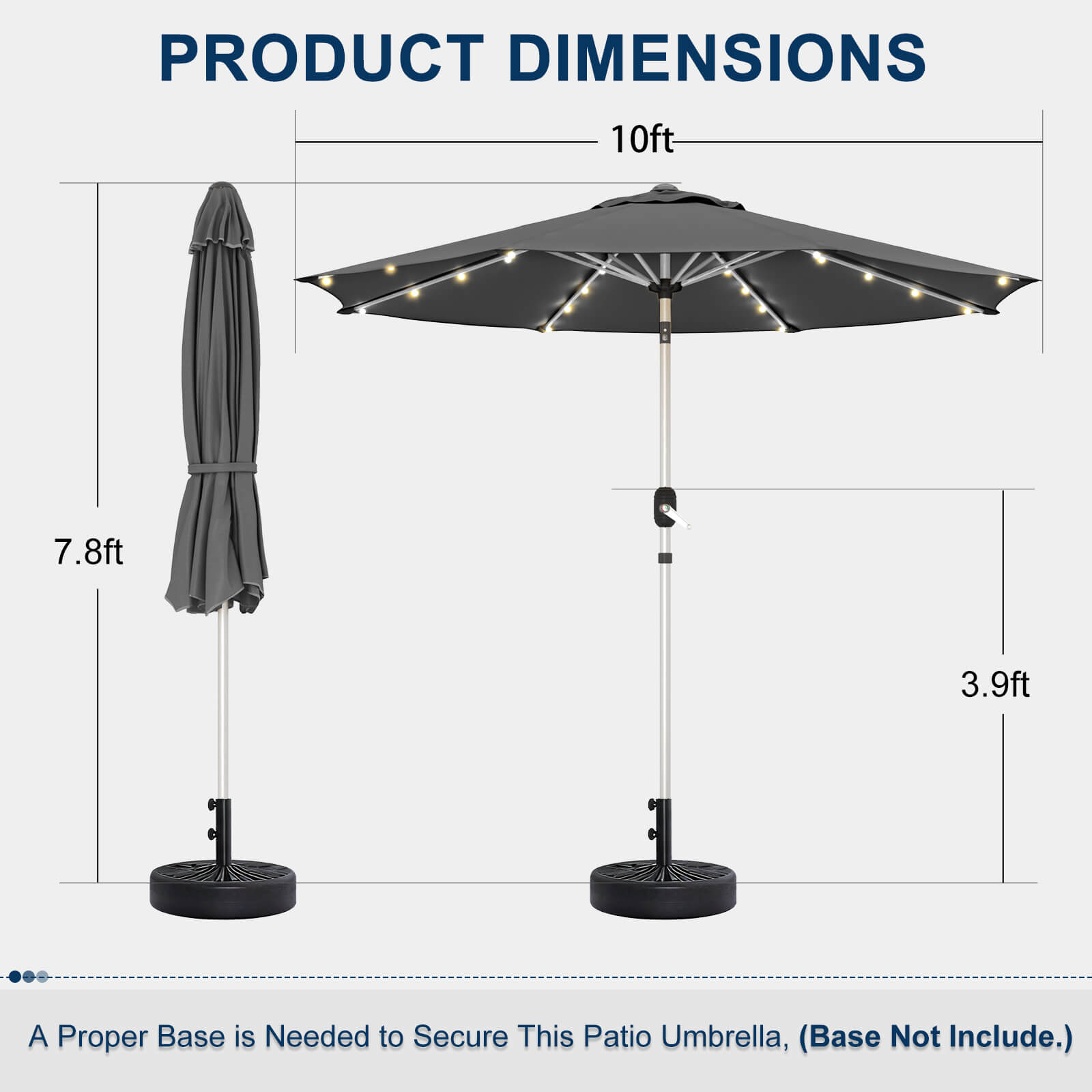 Homrest 10FT Solar Lighted Patio Umbrella, Fade-Resistant Outdoor Umbrella with Tilt, 8 Aluminum Ribs Grey