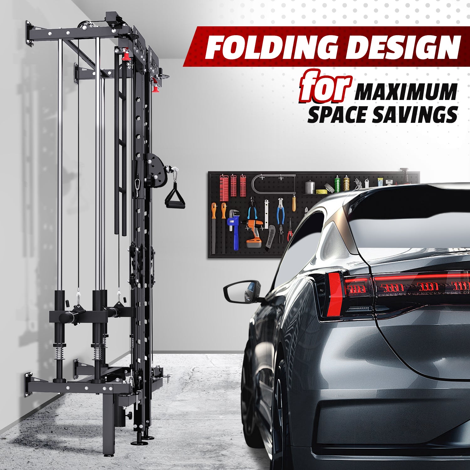 HOMREST Folding Squat Rack, Wall Mounted Power Rack with Cable Crossover Machine & LAT Pull Down Multi-Function Space-Saving Power Cage, Black