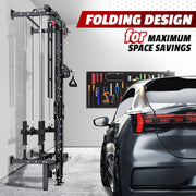 HOMREST Folding Squat Rack, Wall Mounted Power Rack with Cable Crossover Machine & LAT Pull Down Multi-Function Space-Saving Power Cage, Black