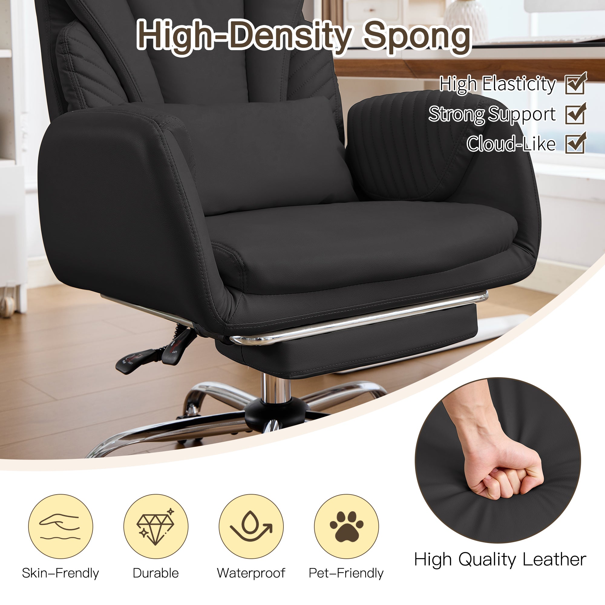 HOMREST Modern Cross Legged Office Chair with Footrest,Leather Ergonomic Executive Chair with Lumbar Pillow, Black
