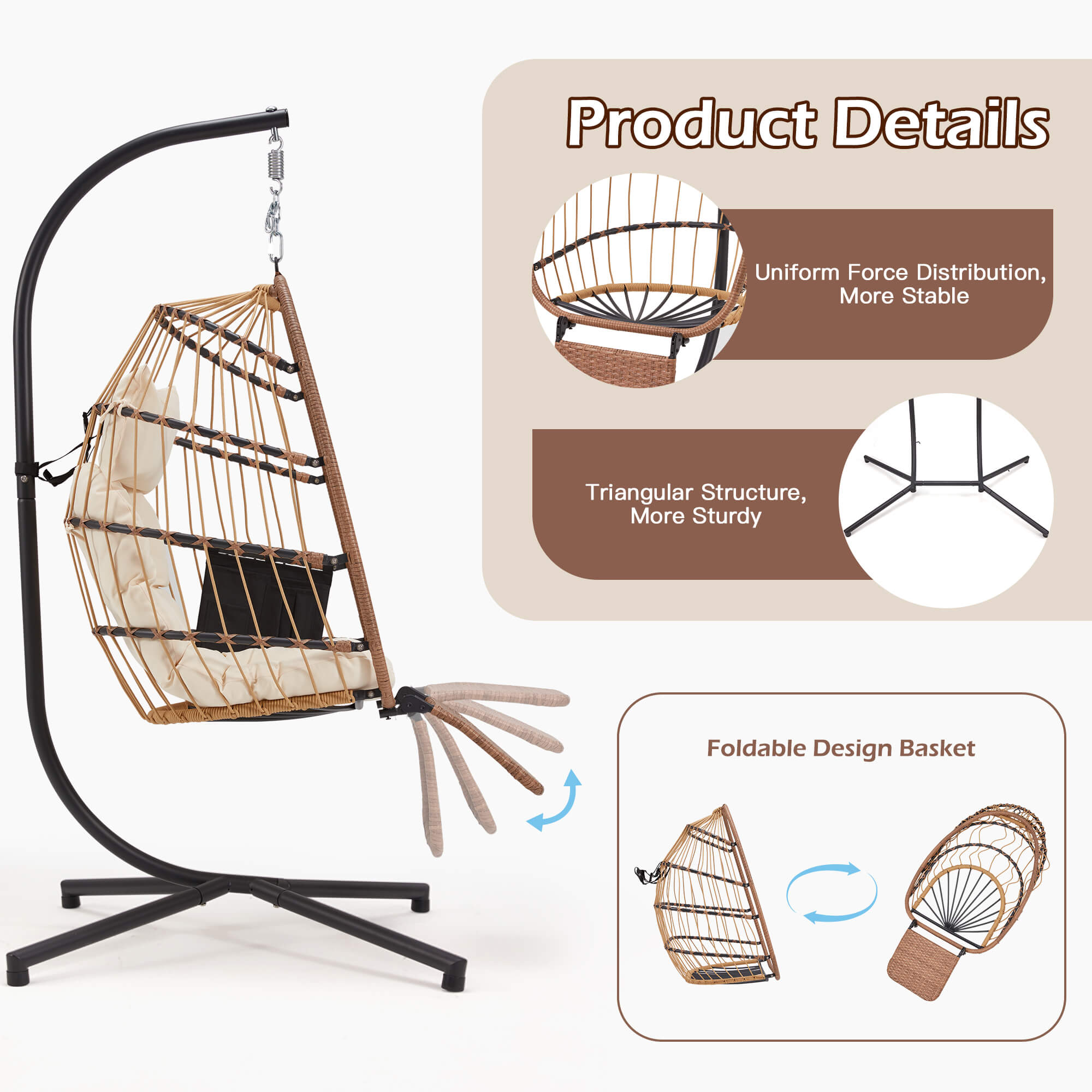 HOMREST Hanging Egg Chair with Stand & Removable Leg Rest, Hammock Chair for Patio, Bedroom, Beige/Natural