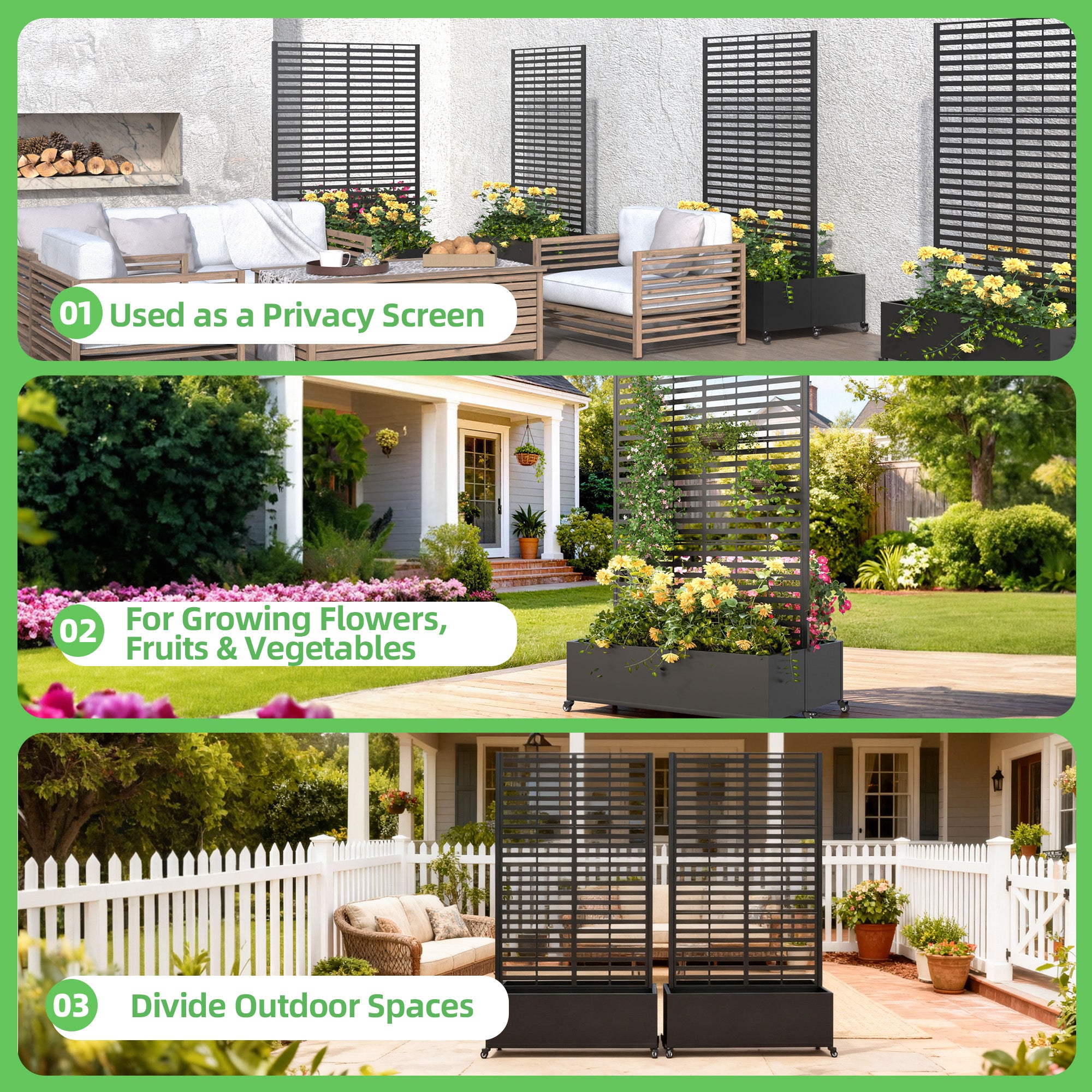 HOMREST Dual Metal Planter Box with Trellis, 73"x47"x31" Raised Garden Bed with Wheels and Drainage Holes, Planter with Trellis for Garden, Balcony & Patio, Black