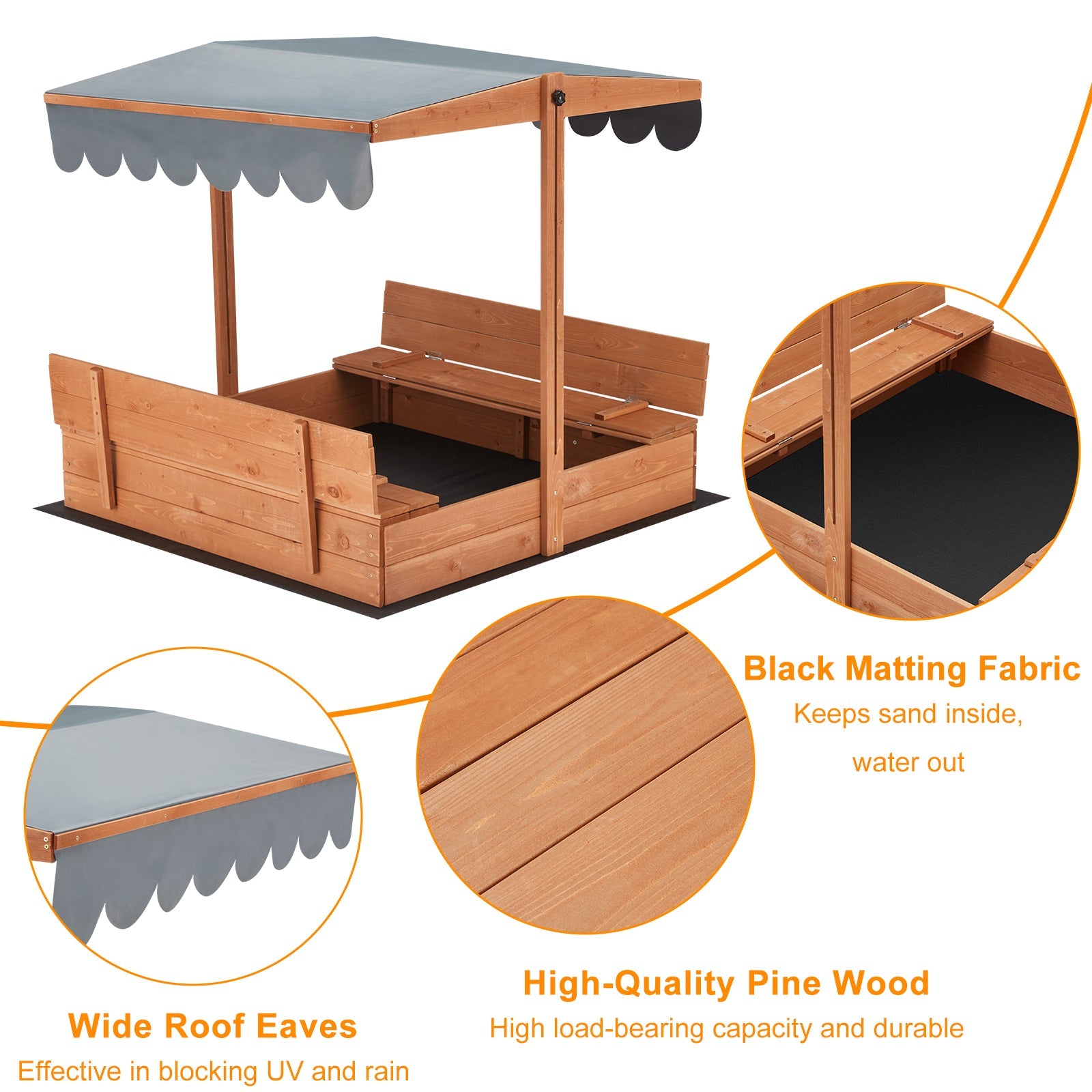 Homrest Kids Sandbox with Cover, Height Adjustable Roof, Foldable Bench Seats for Aged 3-8, Wooden Outdoor Kids Sandbox, Sand Protection Line