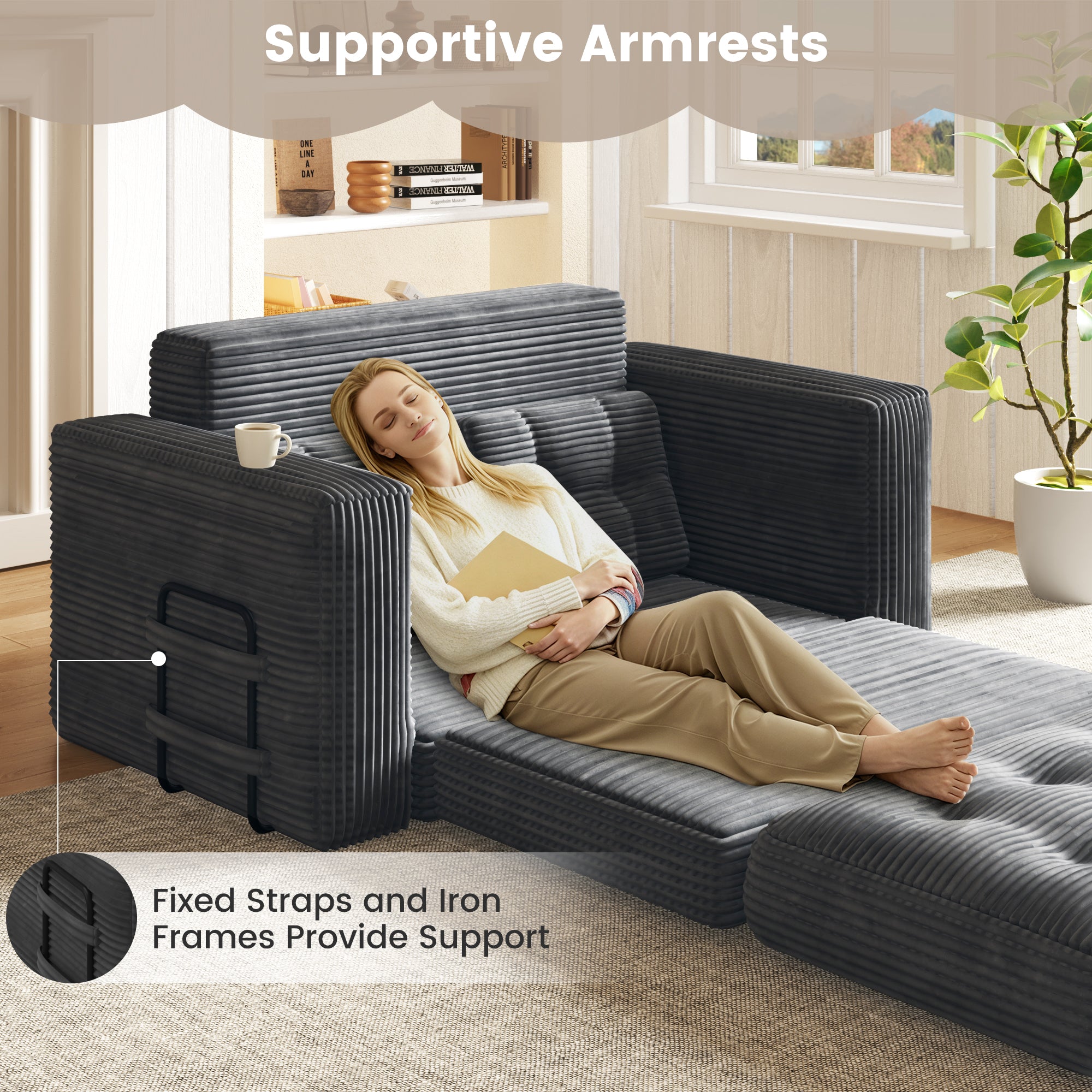 HOMREST No Assembly Needed Convertible Sofa Bed, 2 in 1 Boneless Couch Bed with 2 Pillows, Gray