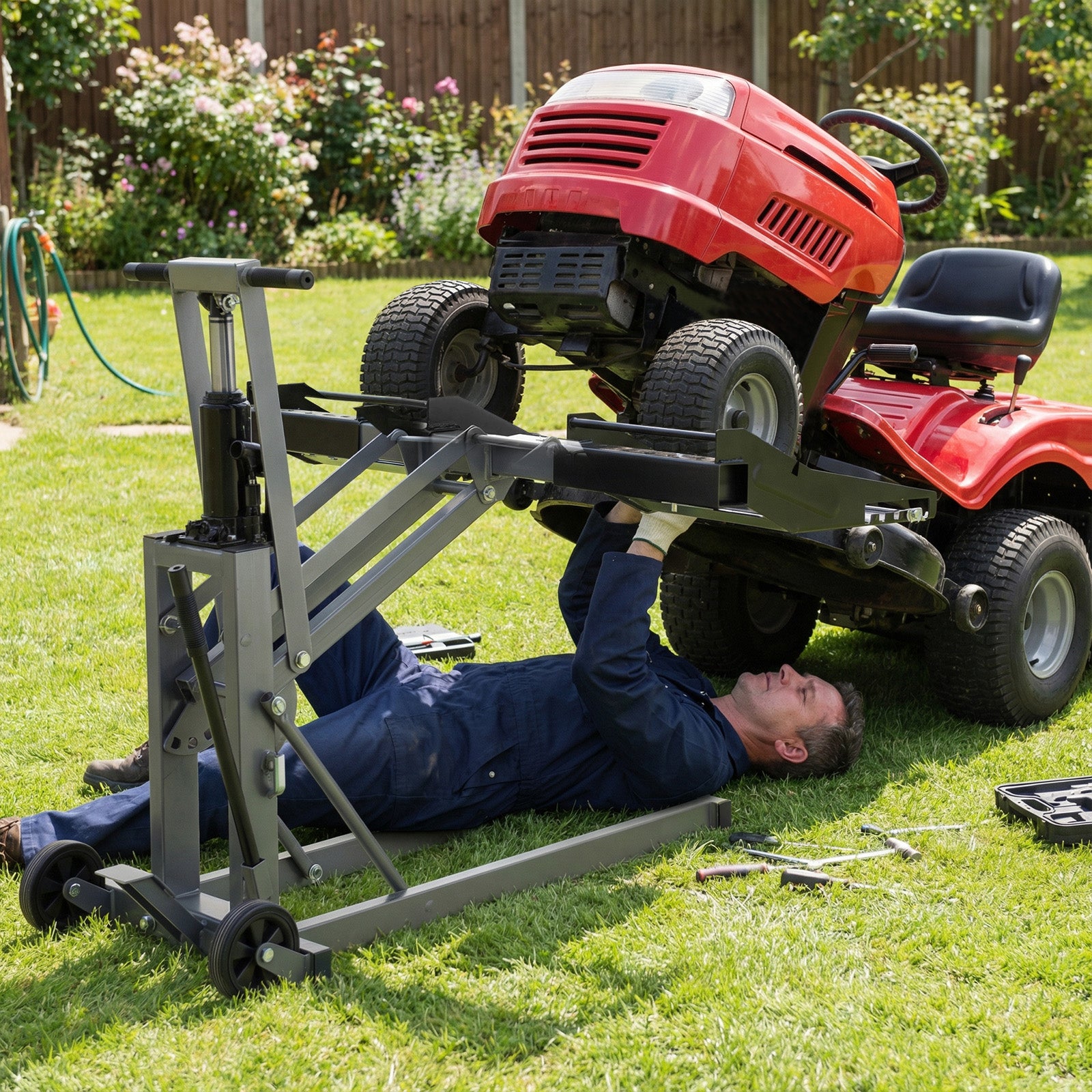 HOMREST 750LB Hydraulic Mower Lift for 36.0-50.5" Axle, 24" Lawn Tractor Jack with 3-Height Adjustment, Zero Turn Mower Lift for Maintenance & Repair, Grey