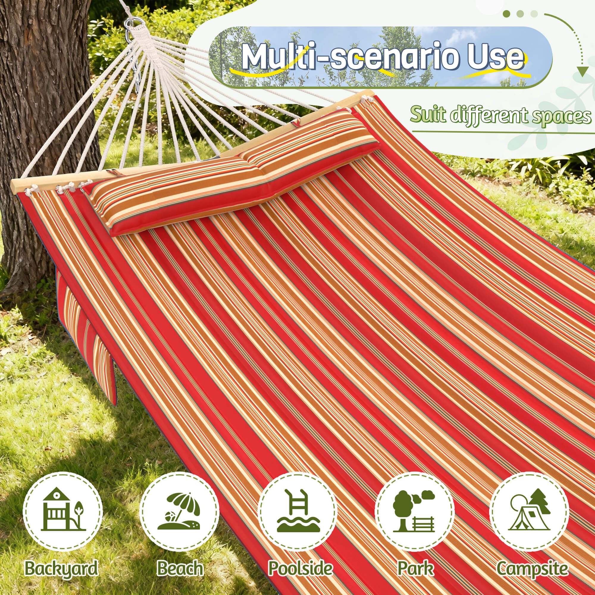 HOMREST Modern Portable Hammock, Outdoor Rope Hammock for Backyard, Beach & Camping, Red Stripes