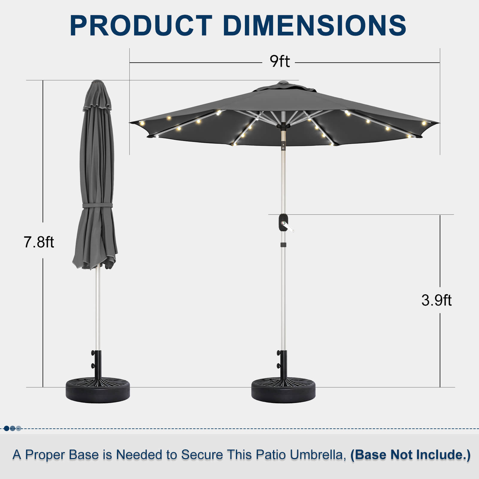 Homrest 9FT Solar Patio Umbrella, Fade-Resistant Outdoor Market Umbrella with Tilt, 8 Aluminum Ribs for Gardens,Grey