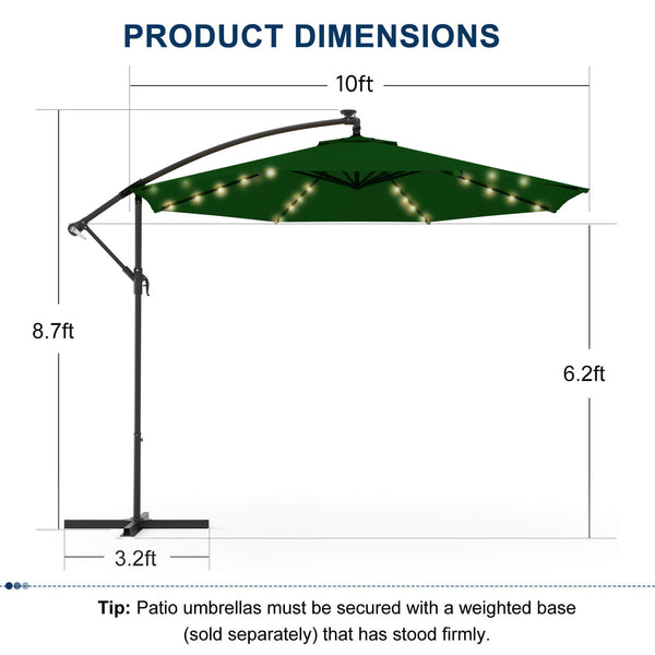 Homrest 10ft Solar Lighted Patio Umbrella, Infinite Tilt, Crank and Cross Base, Green