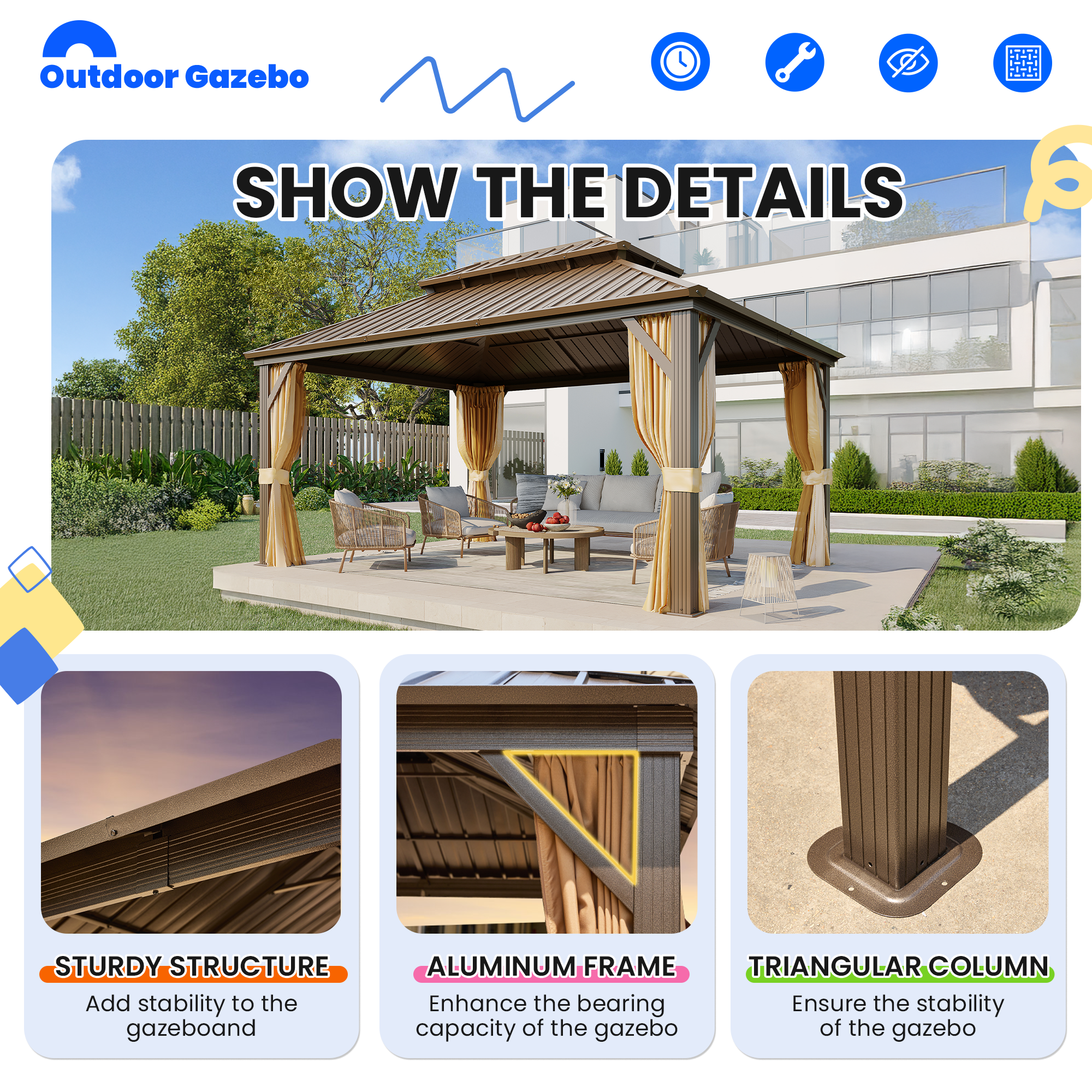 Homrest 12' x 16' Hardtop Gazebo, Aluminum Frame Gazebos with Galvanized Steel Double Roof