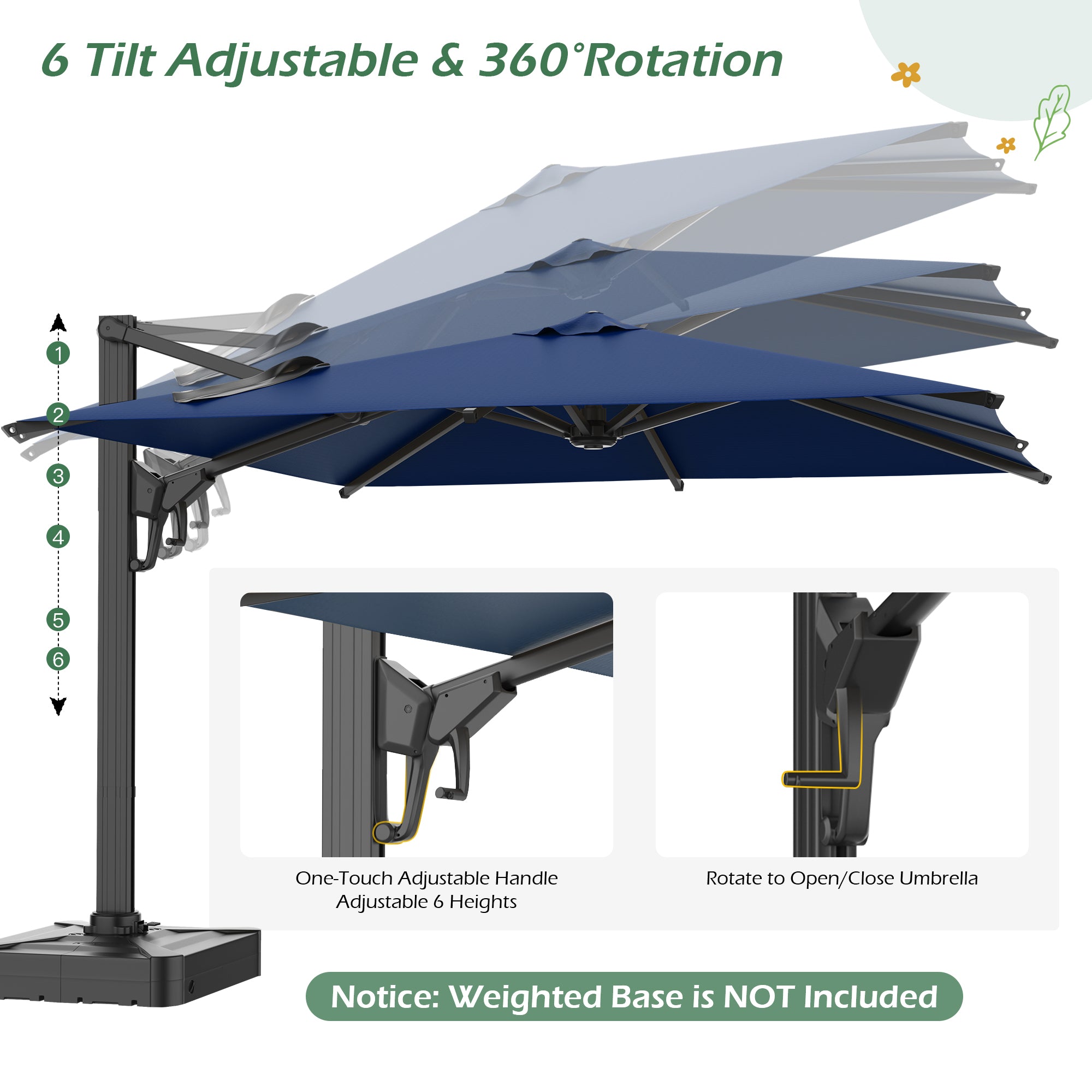 HOMREST 10x10ft Large Rectangular Cantilever Umbrella with 360° Rotation & 6 Adjustable Heights, Navy (Base Excluded)