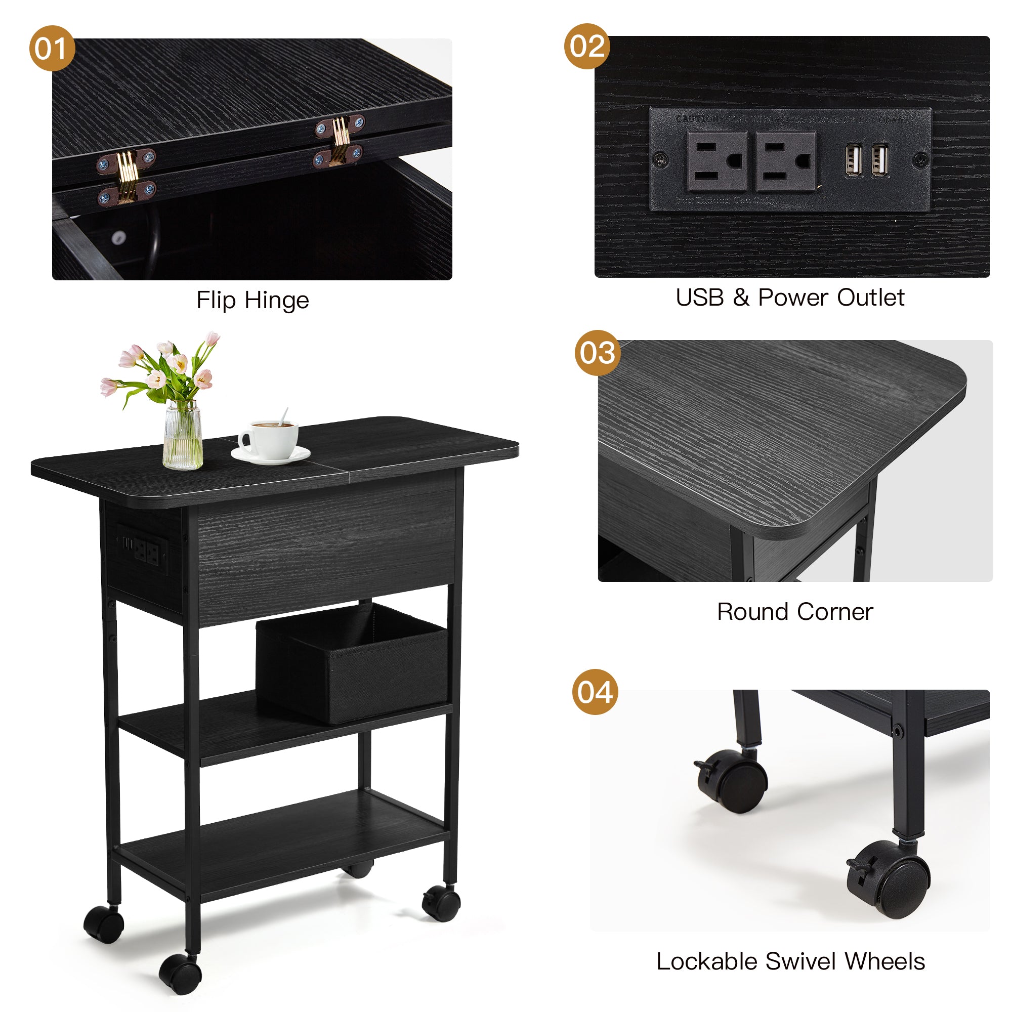 HOMREST Multi-Functional Flip Side Table, 360° Swivel Wheels & Storage Shelf for Living Room/Bedroom, Rustic Brown Wood End Table, Black