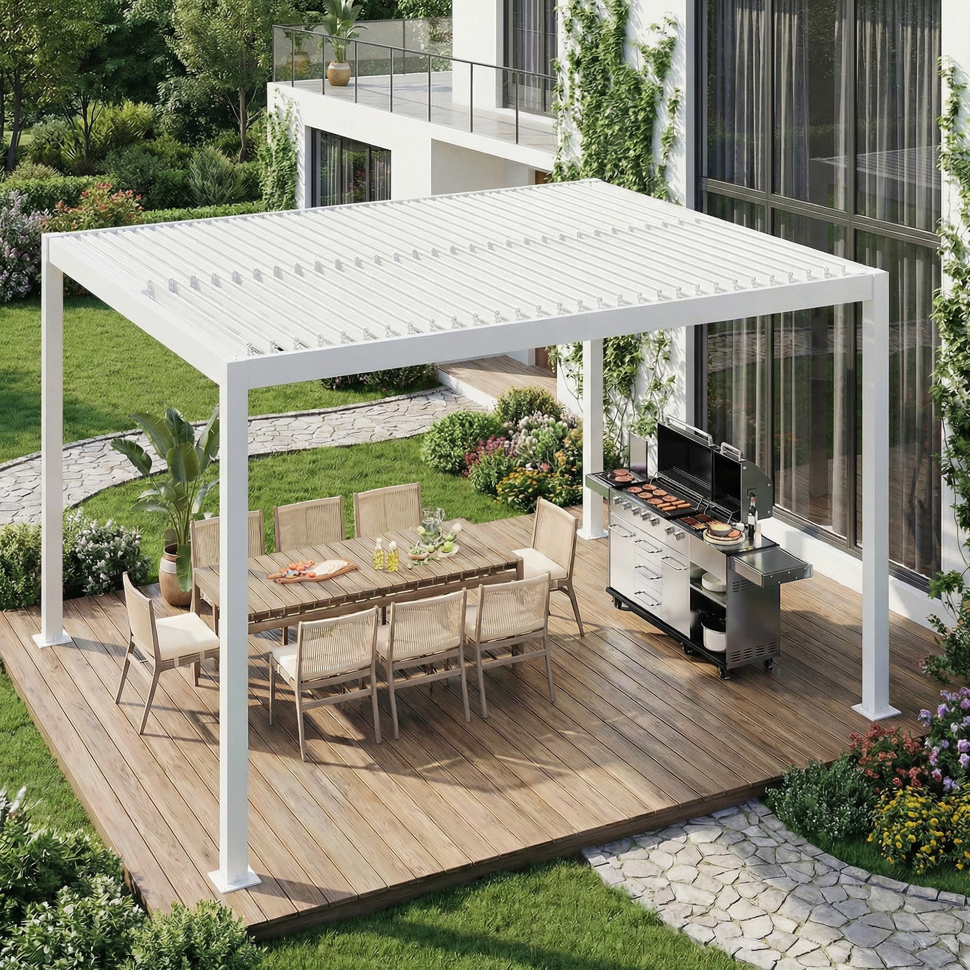 HOMREST 10' x 12' Outdoor Pergola with Adjustable Louvered Roof & Integrated Drainage, Heavy-Duty Metal Louvered Pergola for Patios, White