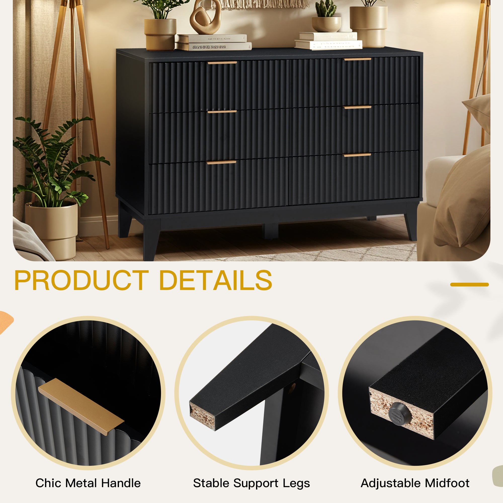 HOMREST Fluted Dresser for Bedroom, 6 Drawer Modern Dresser, Wide Modern Chest of Drawers with Metal Handle, Mid Century Modern Dresser, Black