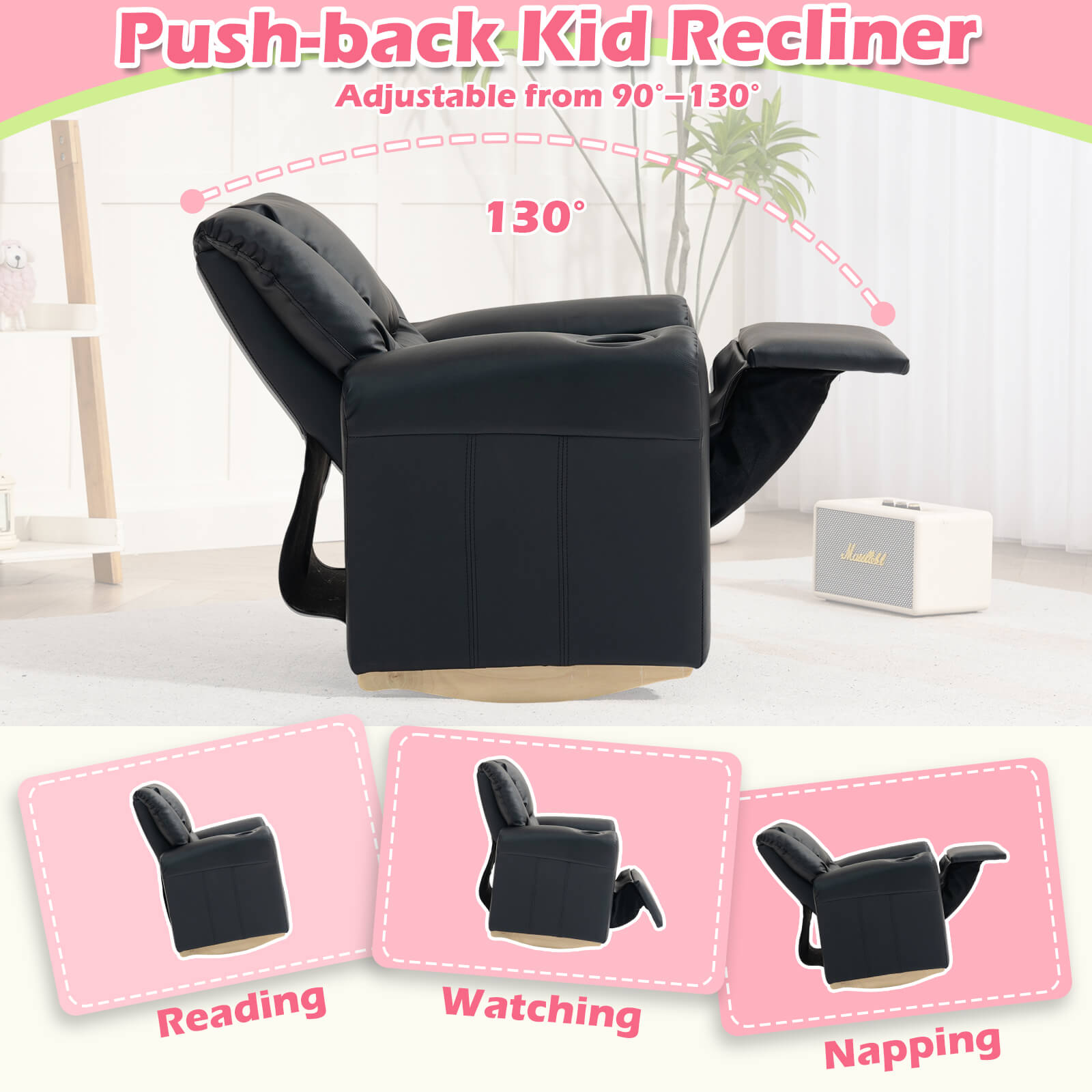 HOMREST Kids Recliner Chair with Cup Holder, Leather Toddler Recliner with Adjustable Backrest, Curved Rocking Legs and Comfy Armrests, Black
