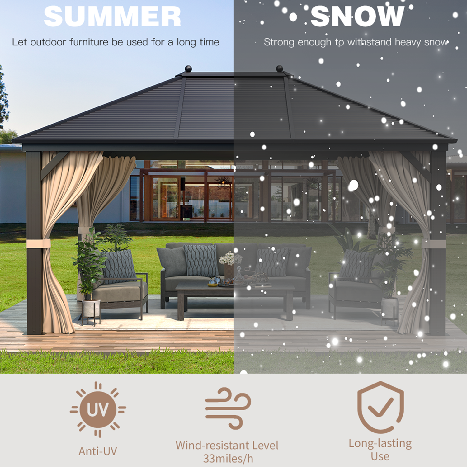 Homrest 10'x13' Galvanized Steel Hardtop Gazebo Aluminum Frame with Netting Curtains - Homrest