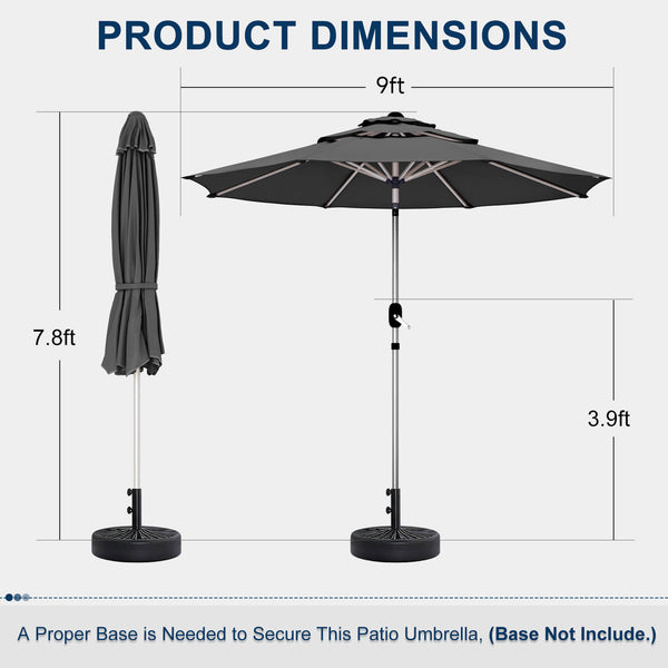 Homrest 9FT 3-Tier Aluminum Patio Umbrella, Fade-Resistant with Push Tilt, 8 Sturdy Aluminum Ribs,Grey