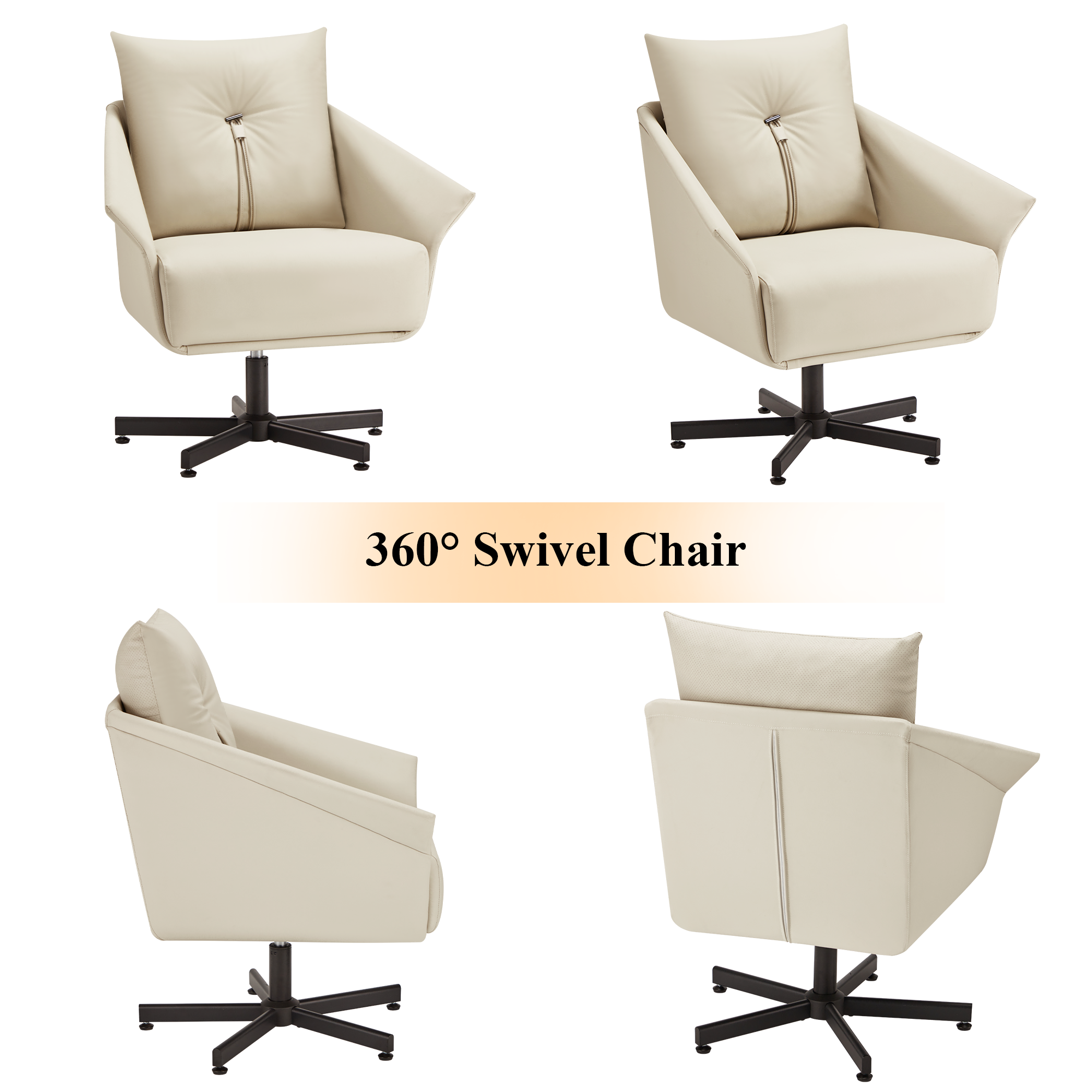 Swivel Lazy Chair, Home Desk Chair with Soft Faux Leather Pillow for Living Room, Beige