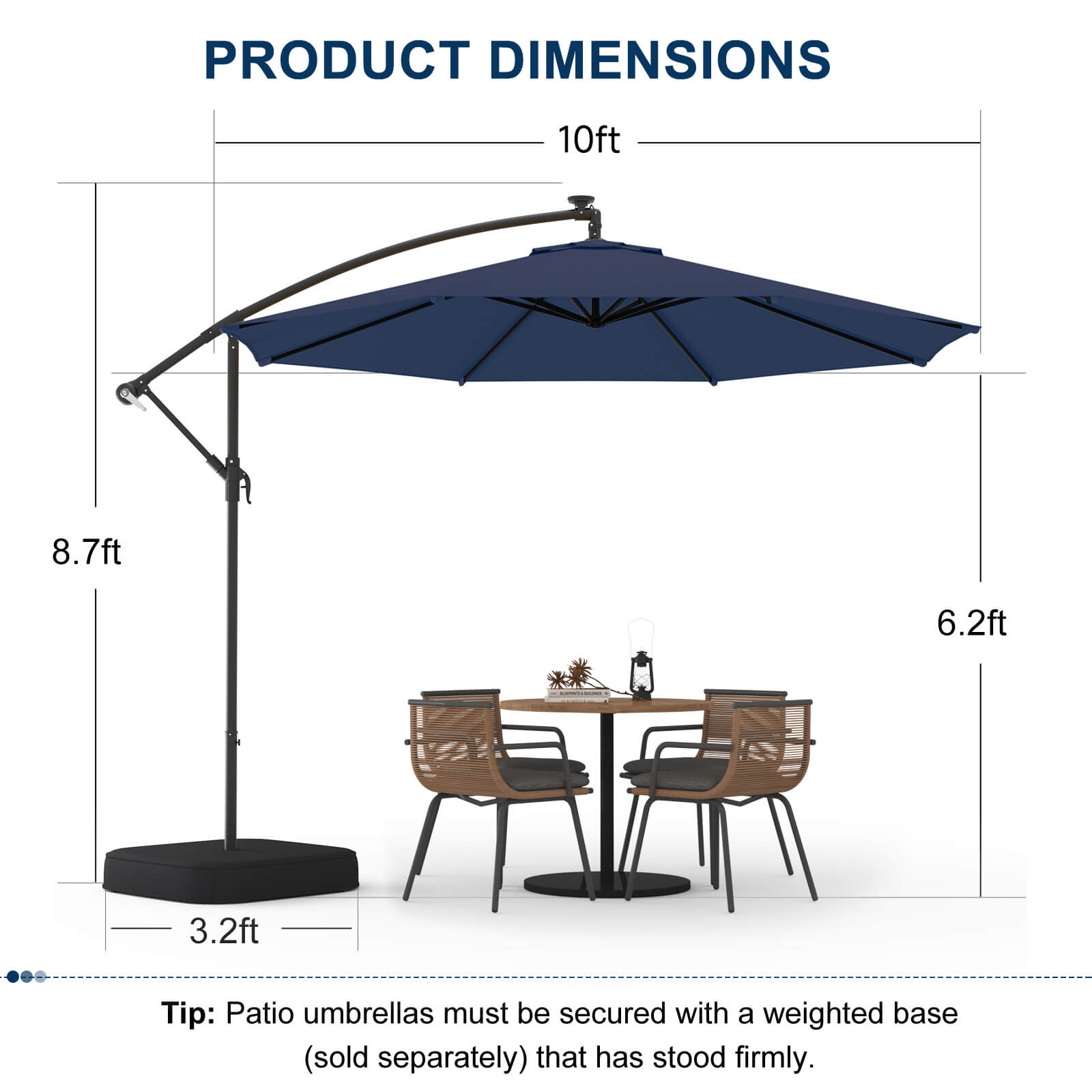 Homrest 10ft Patio Umbrella with Base, Outdoor Offset Cantilever Umbrella, Infinite Tilt, Navy Blue