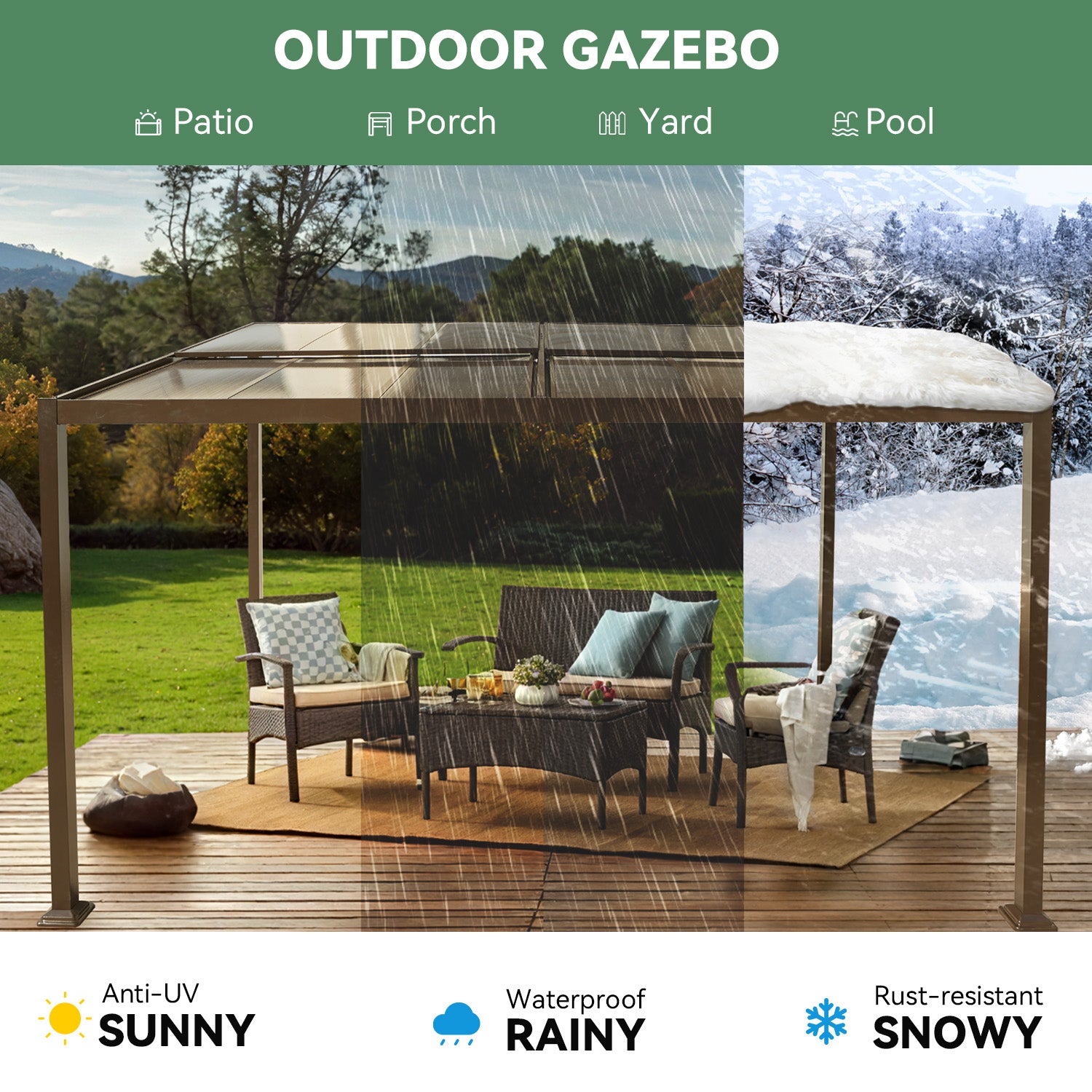 HOMREST 10' x 13' Lean to Gazebo, Patio Gazebo with Adjustable Polycarbonate Roof, Hardtop Wall Mounted Gazebo with Metal Frame