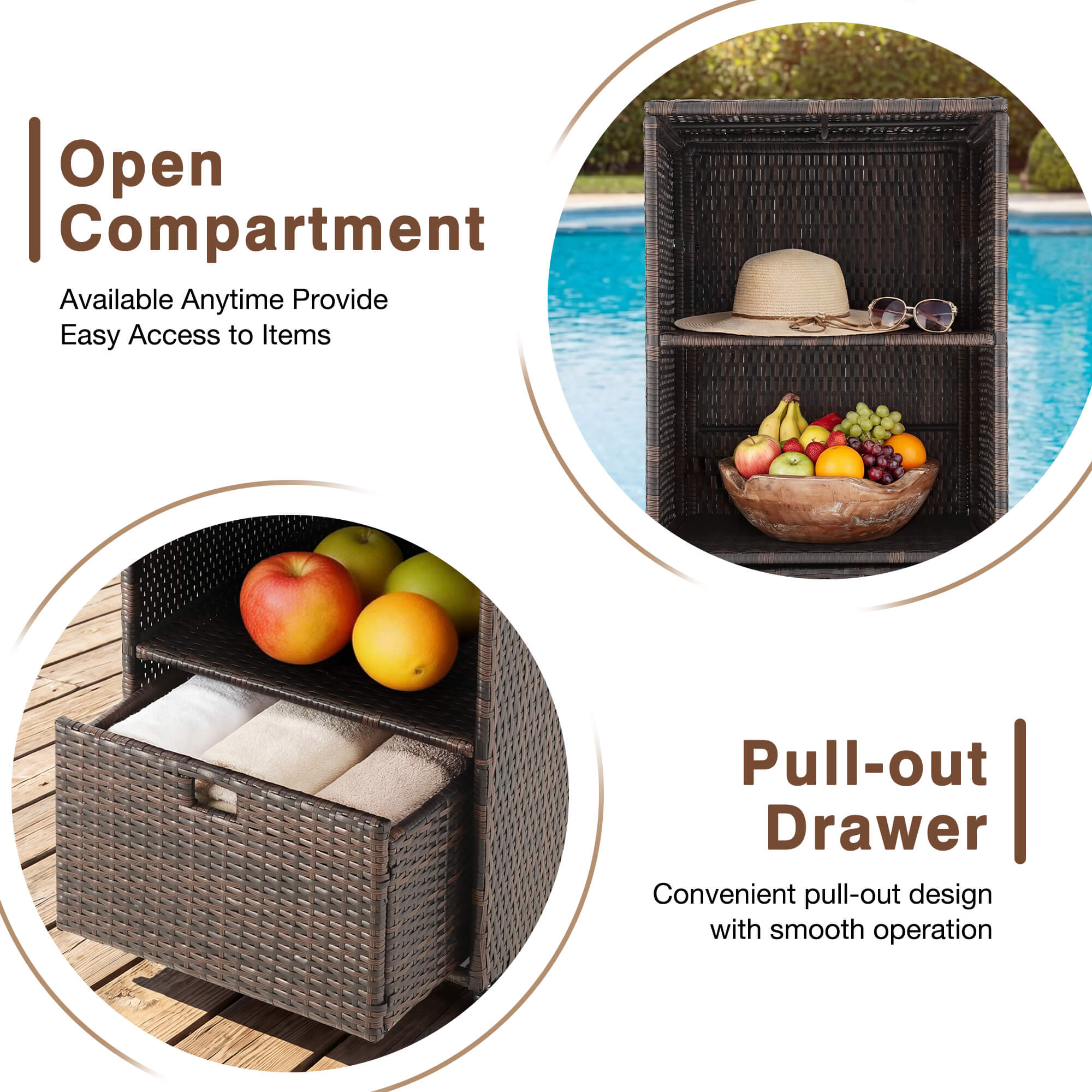 HOMREST Outdoor Pool Towel Rack with Storage Cabinet, Waterproof PE Rattan Wicker Poolside Towel Organizer with Shelves & Drawer, Rolling Wheels Towel Valet Caddy, Brown