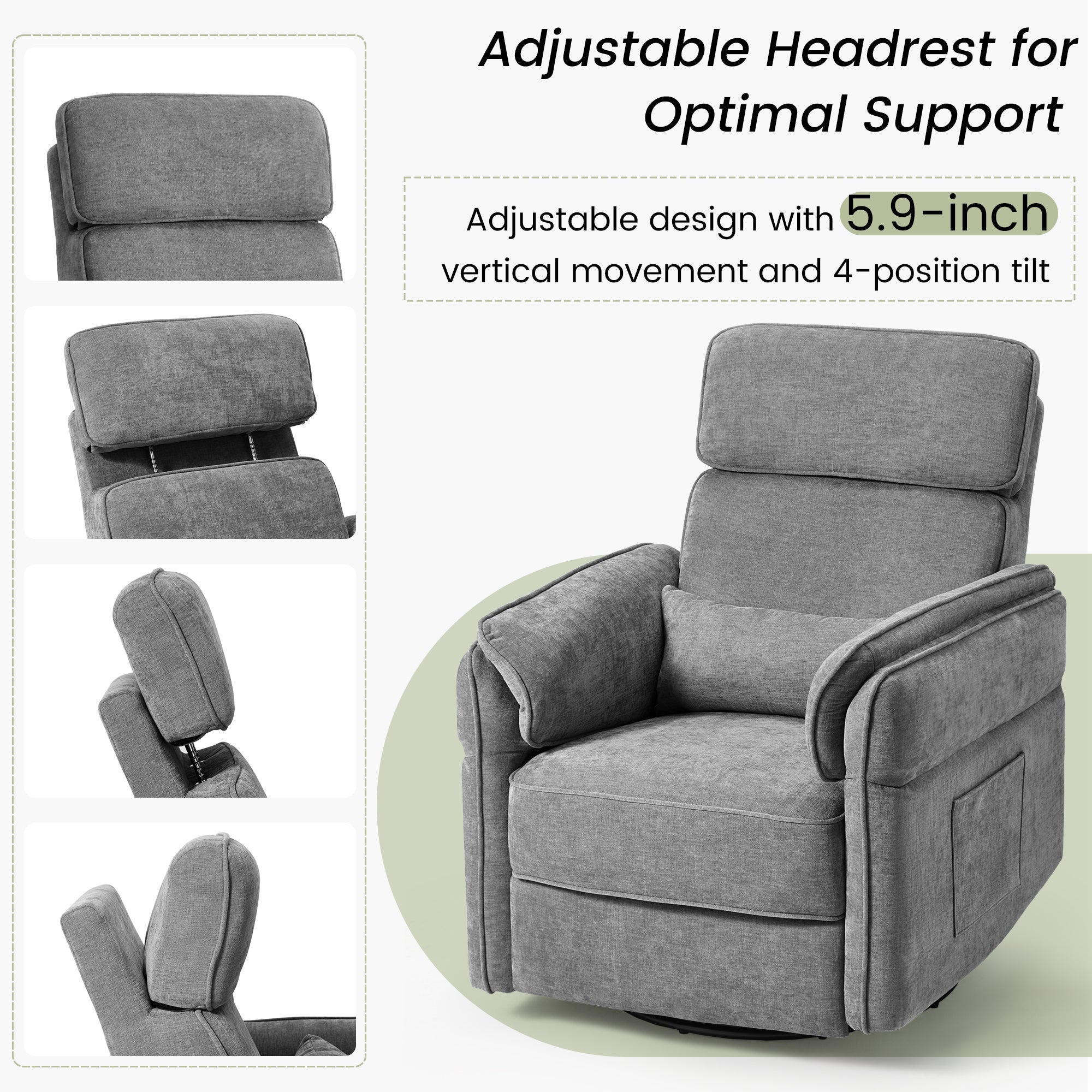HOMREST Power Swivel Rocking Recliner Chair with Adjustable Headrest and Armrests for Living Room, Nursery, Gray