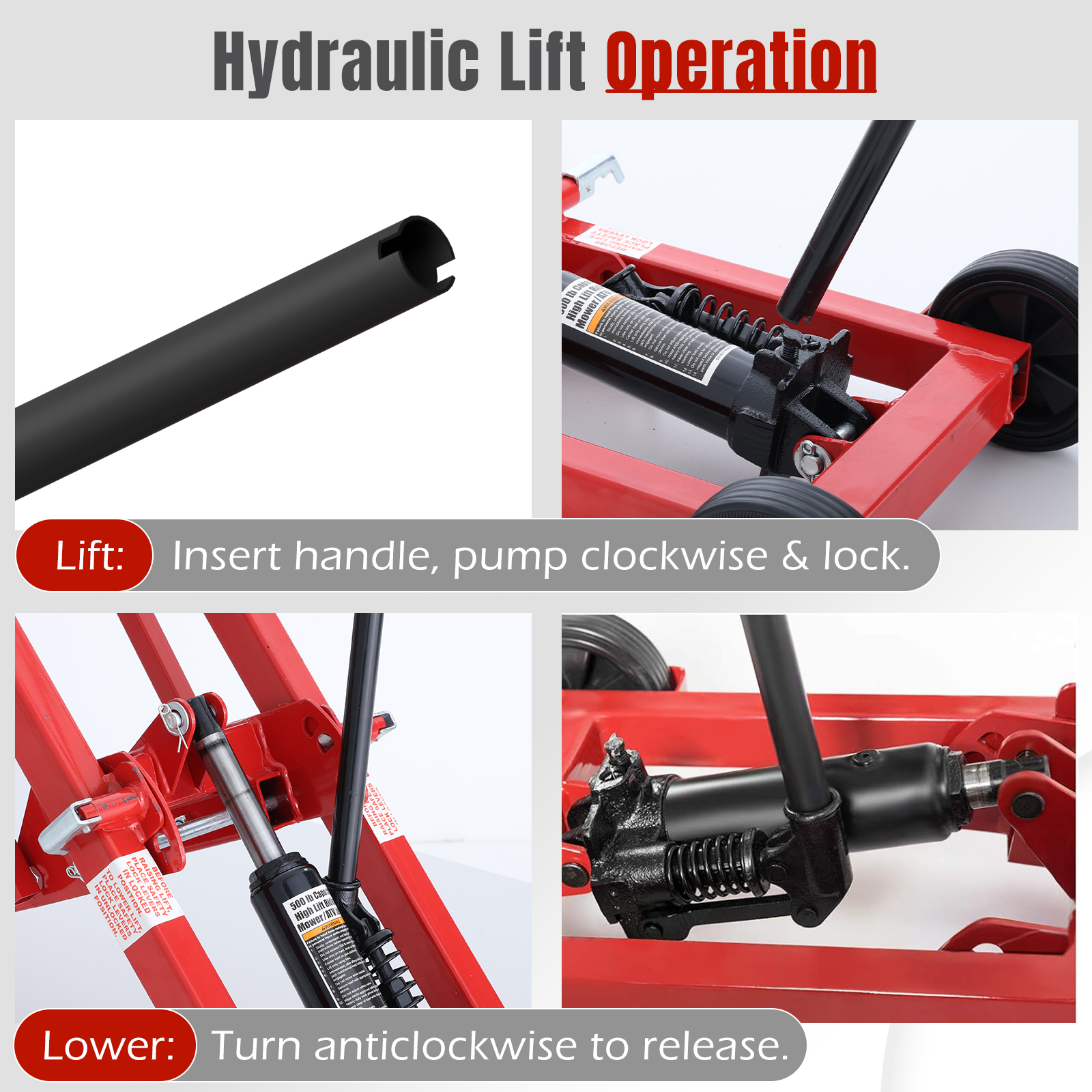 HOMREST 500LB Hydraulic Mower Lift for 40-47.6" Axle, 24" Lawn Tractor Jack with 3-Height Adjustment, Zero Turn Mower Lift for Maintenance & Repair, Red