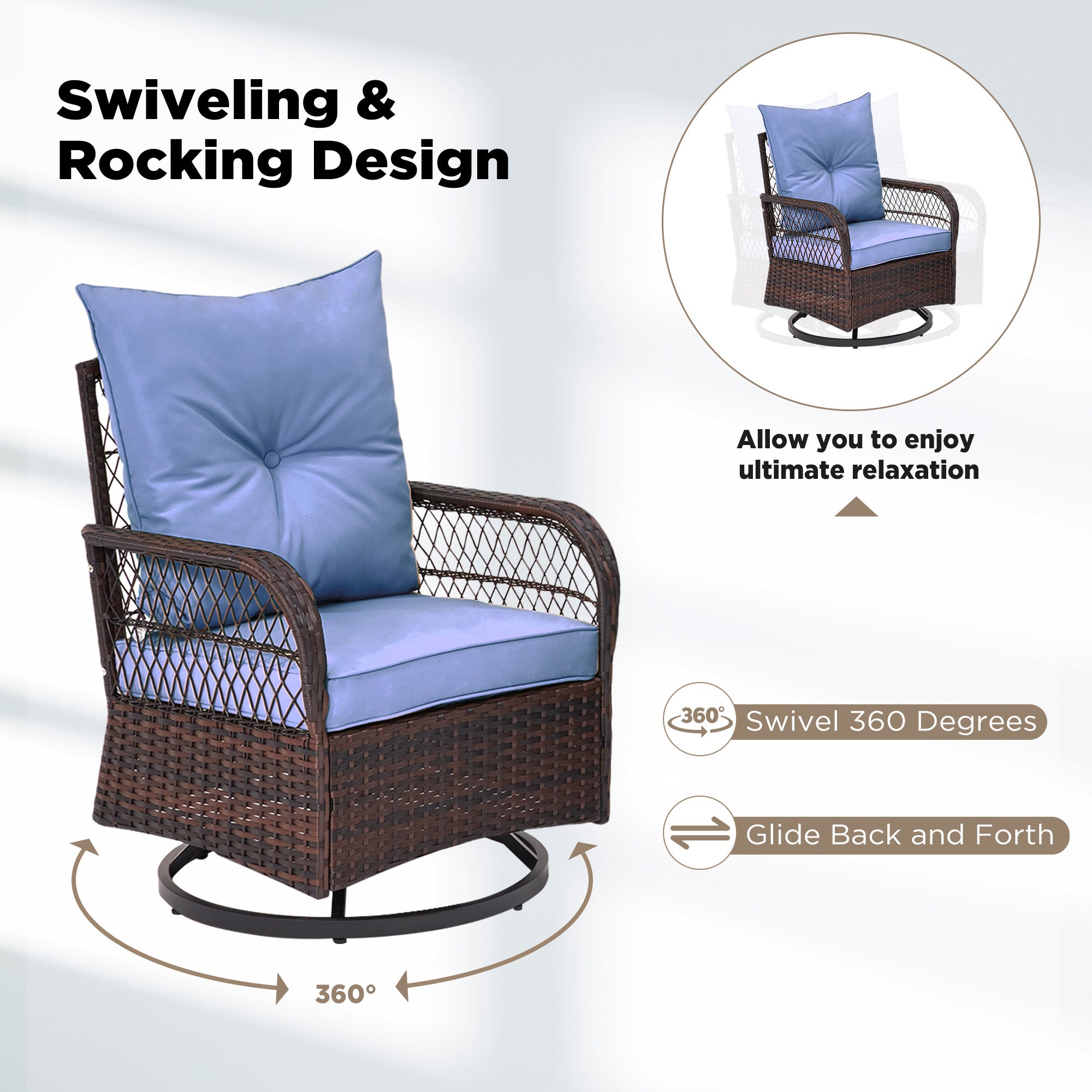 HOMREST 3-Piece Patio Swivel Rocker Set with Rattan Coffee Table, Blue