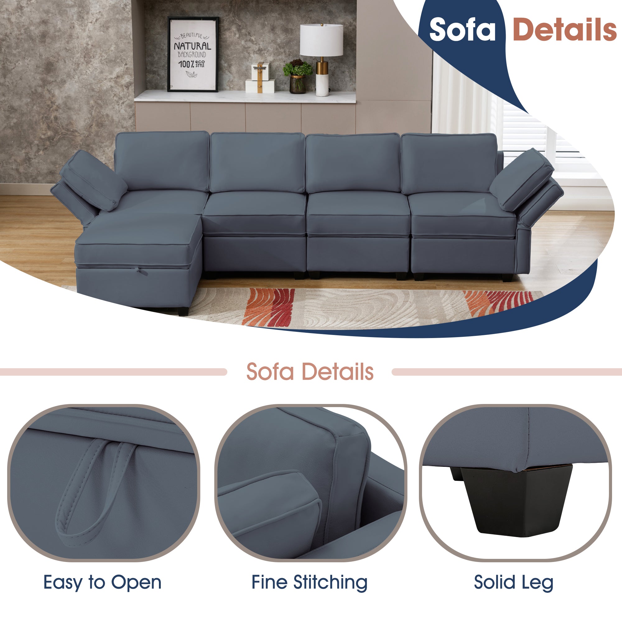 Living room reversible sofa couch, blue gray | Homrest furniture