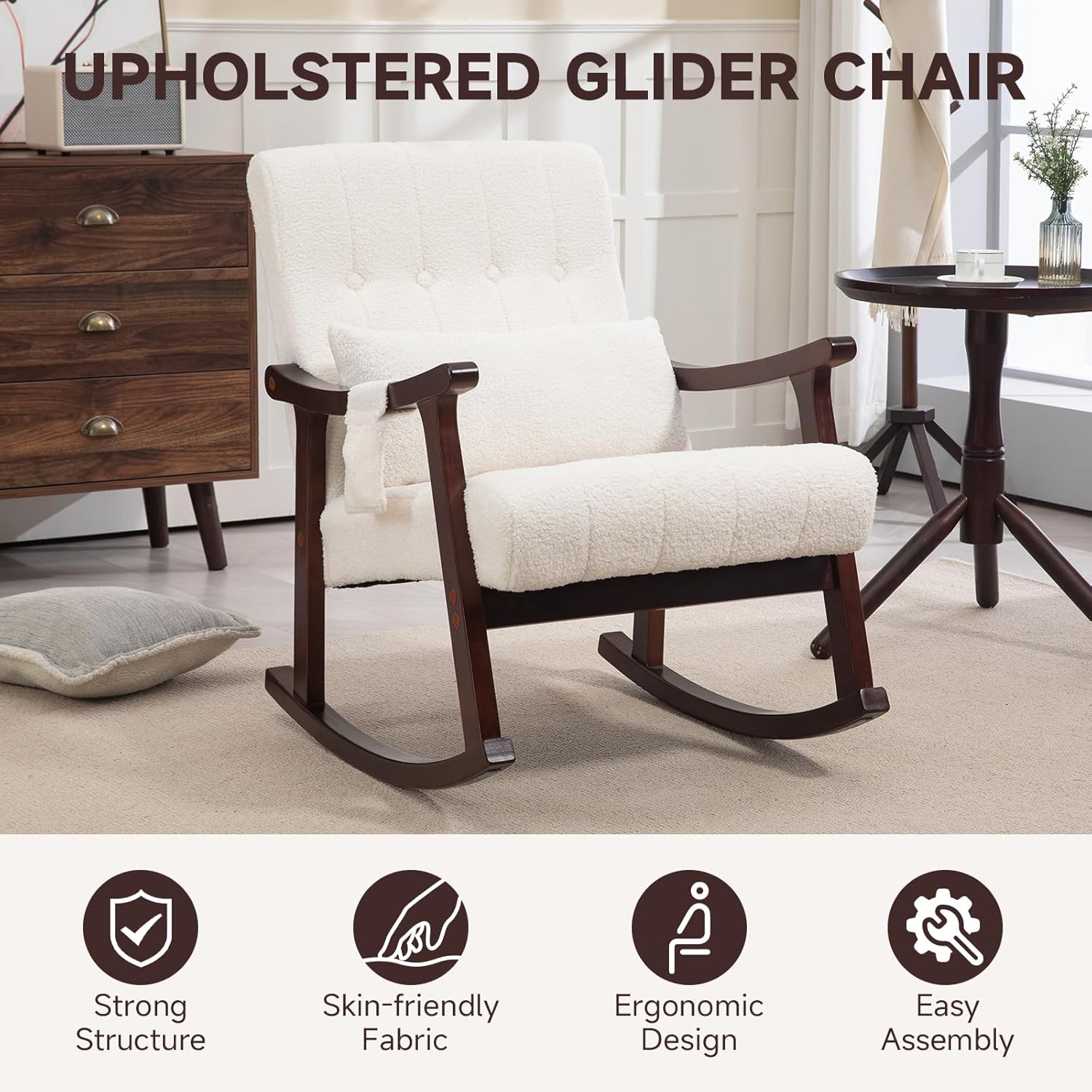 HOMREST Teddy Upholstered Rocking Chair, Small Glider Rocker with 2-Point Massage Lumbar Pillow and Solid Wood Legs, for Nursery and Living Room, White