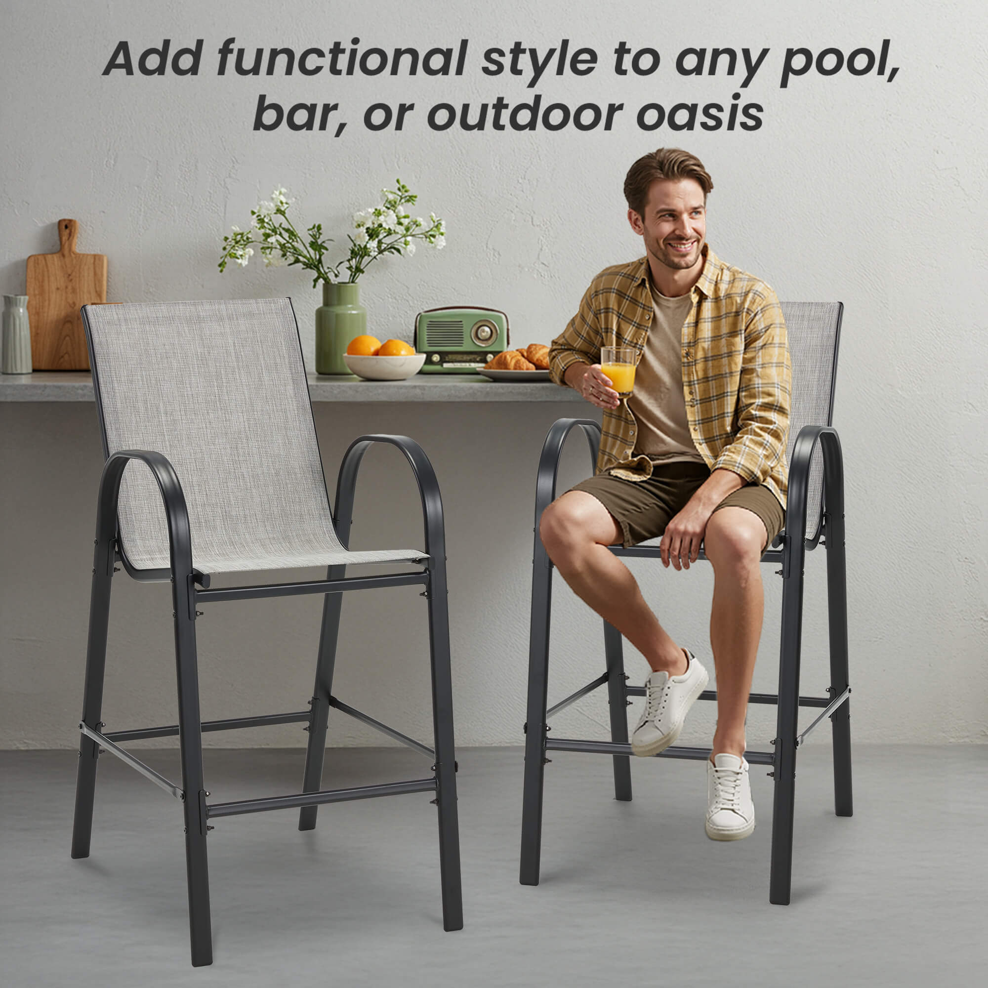 HOMREST Outdoor Bar Height Stools Set of 4, High Back Patio Chairs with Armrests,Textilene Chairs with Breathable Fabric & Metal Frame, Light Grey