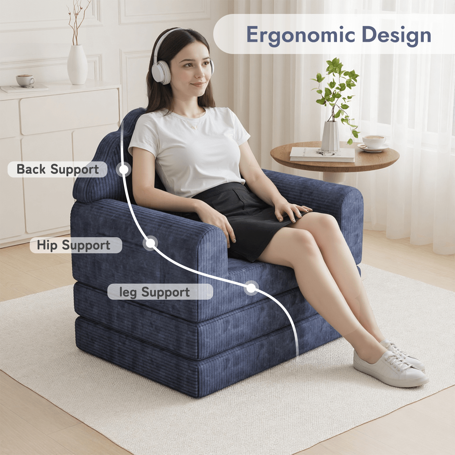 HOMREST 2-in-1 Folding Sofa Bed with Back Support, 75" D x 34" W Convertible Futon Sleeper Chair for Living Room Bedroom Small Spaces, Navy Blue