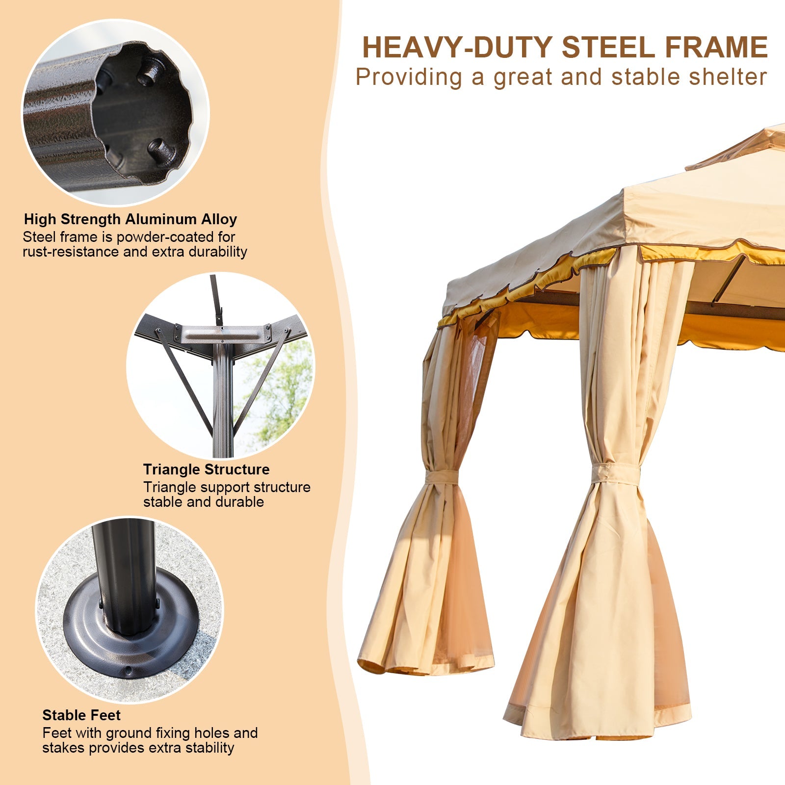 Homrest 10x20 Outdoor Canopy Gazebo with Netting and Shade Curtains, Beige