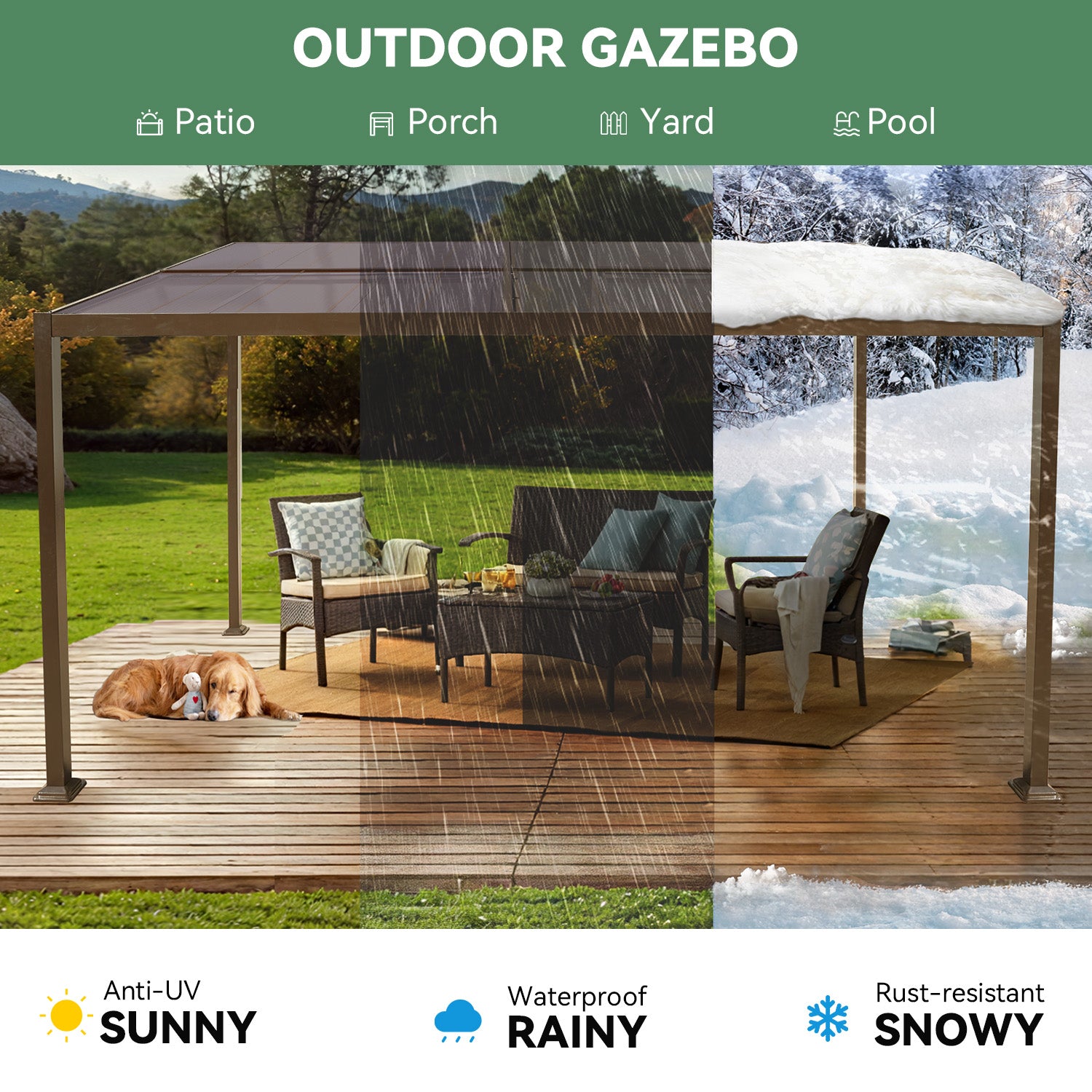 HOMREST 12' x 16' Lean to Gazebo, Patio Gazebo with Adjustable Polycarbonate Roof, Hardtop Wall Mounted Gazebo with Metal Frame, Outdoor Pergola for Deck, Porch, Garden, Backyard