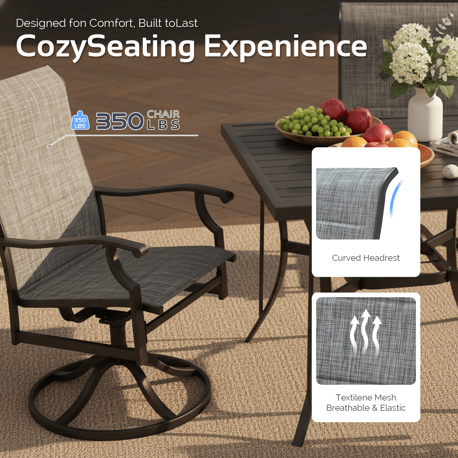 HOMREST 7 Piece Outdoor Patio Dining Set with 6 Swivel Rocker Chairs, Rectangular Metal Table with Umbrella Hole, Gray