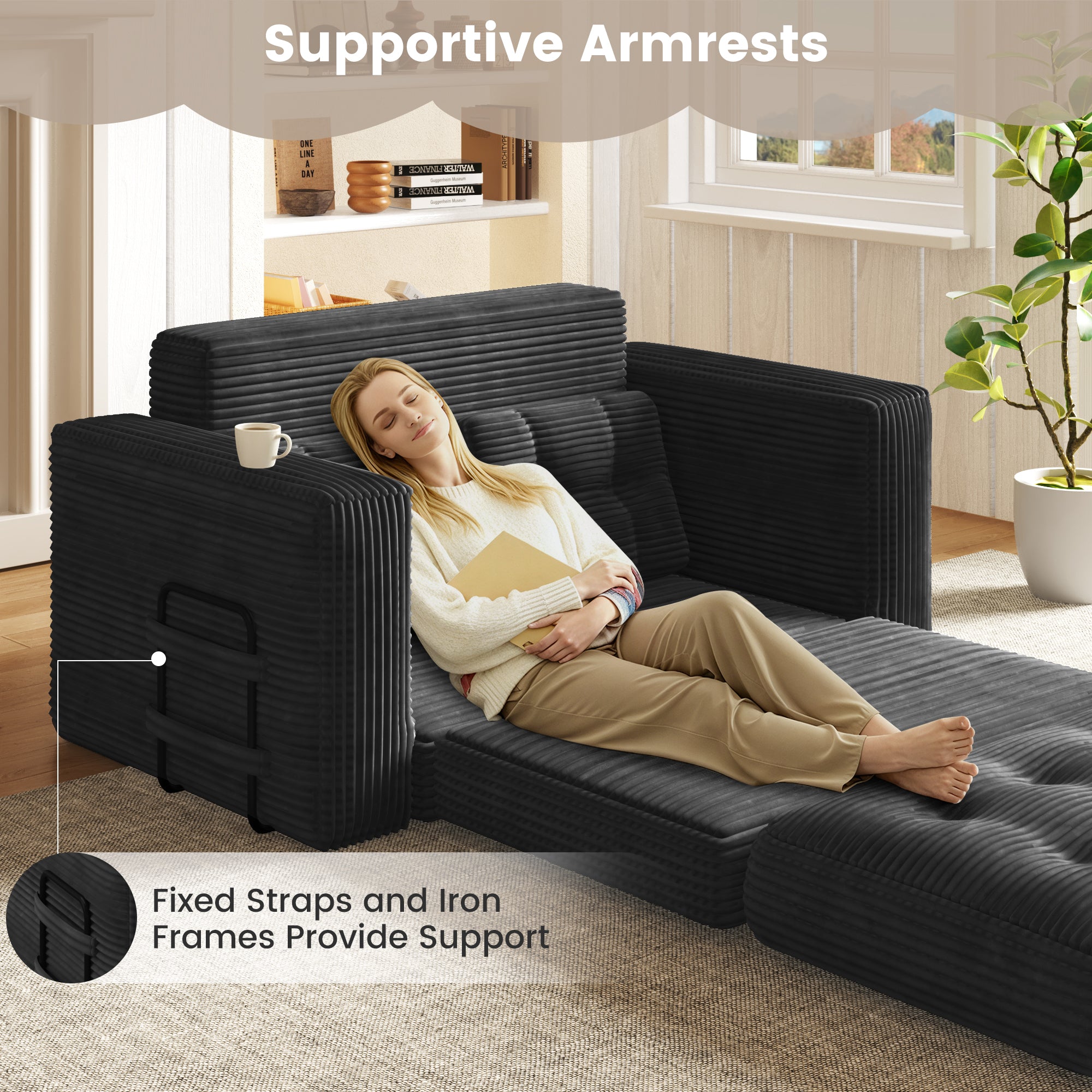 HOMREST No Assembly Needed Convertible Sofa Bed, 2 in 1 Boneless Couch Bed with 2 Pillows, Black