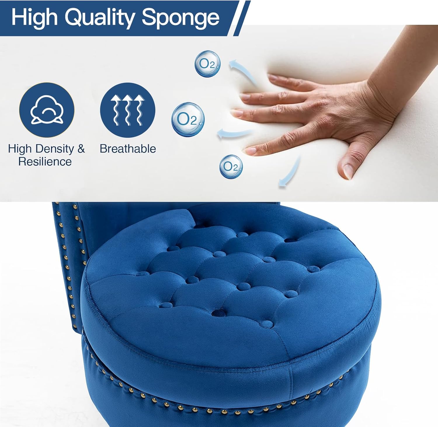 HOMREST High Back Throne Chair, Velvet Armless Royal Accent Chair w/Storage, Nailhead Trim & Rubberwood Legs for Living Room & Bedroom, Blue