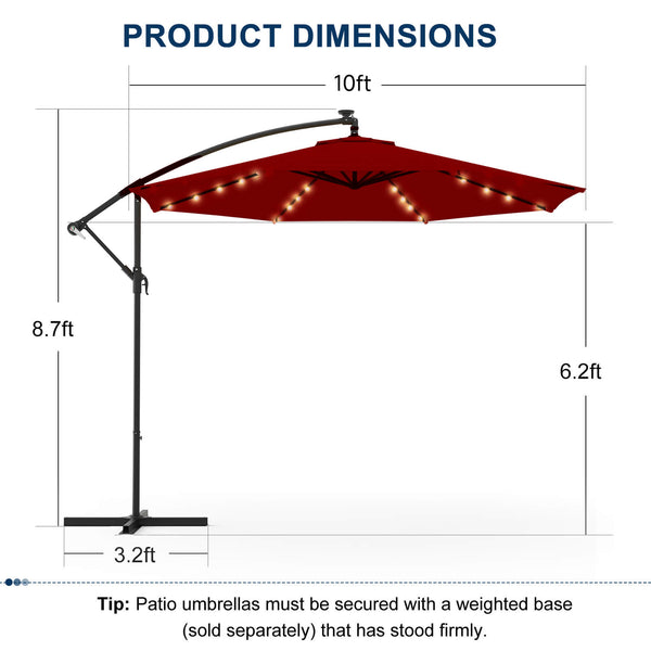 Homrest 10ft Solar Lighted Patio Umbrella, Infinite Tilt, Crank and Cross Base, Burgundy