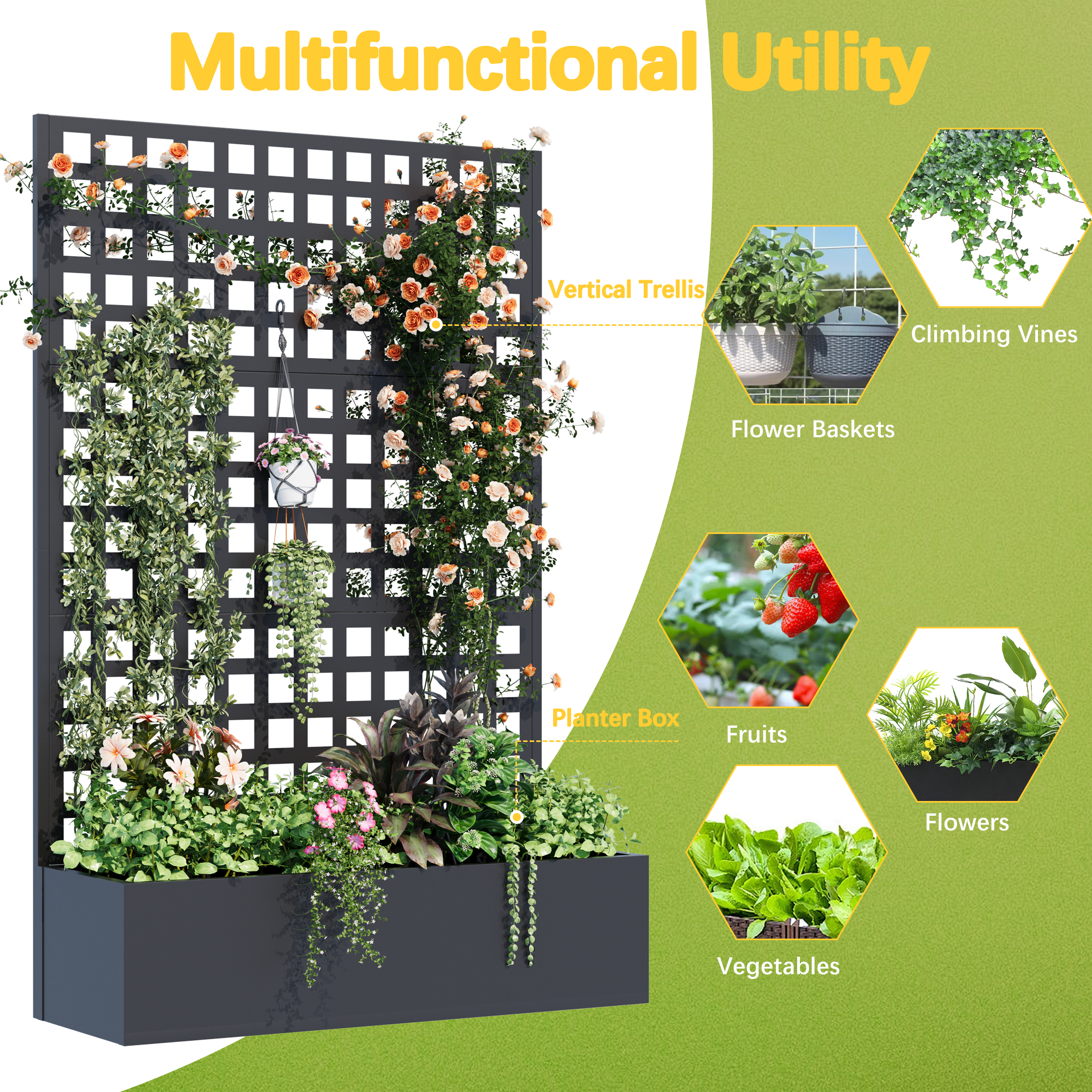 HOMREST Metal Planter Box with Trellis, 71"x 47"x 16" Raised Garden Bed, Planter Box Trellis with Privacy Screen and Drainage Holes, Black