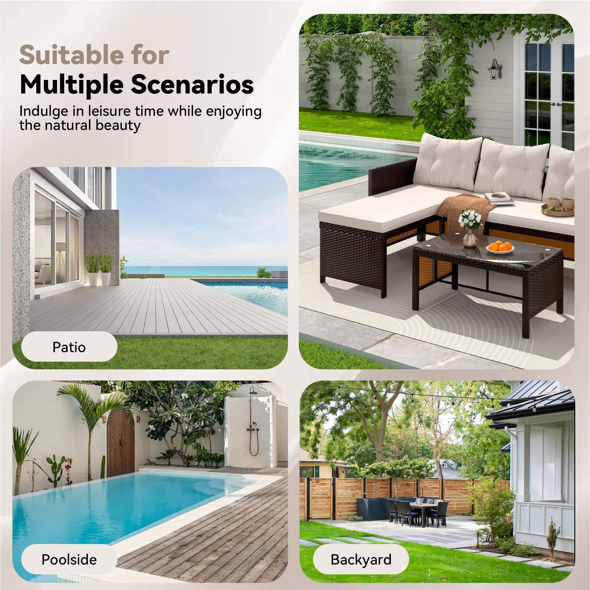 HOMREST 3 Piece Outdoor Patio Furniture Set, All-Weather PE Rattan Sofa Set with Glass Table & Cushions, Khaki