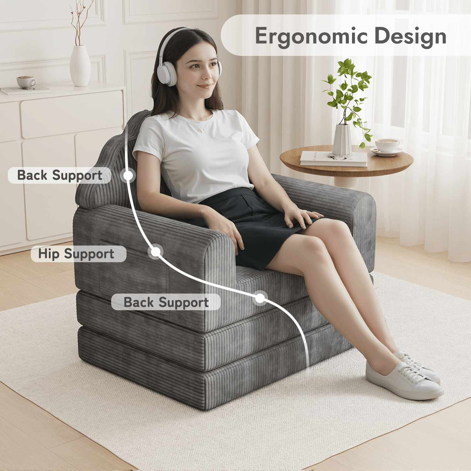 HOMREST 2-in-1 Folding Sofa Bed with Back Support, 75" D x 34" W Convertible Futon Sleeper Chair for Living Room Bedroom Small Spaces, Gray