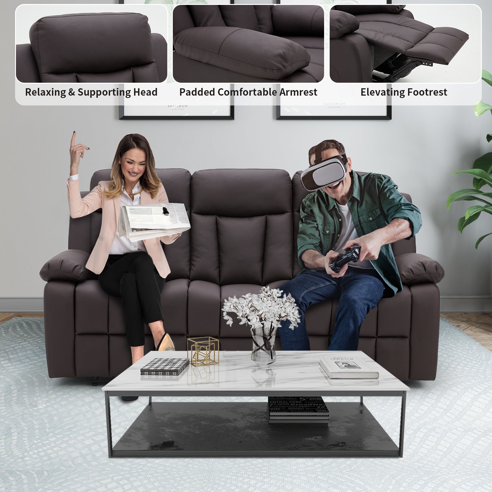 Homrest Breathable Leather Fabric Recliner Chair with PU Padded Seat Backrest with relaxing & supporting head, padded comfortable armrest and elevating footrest