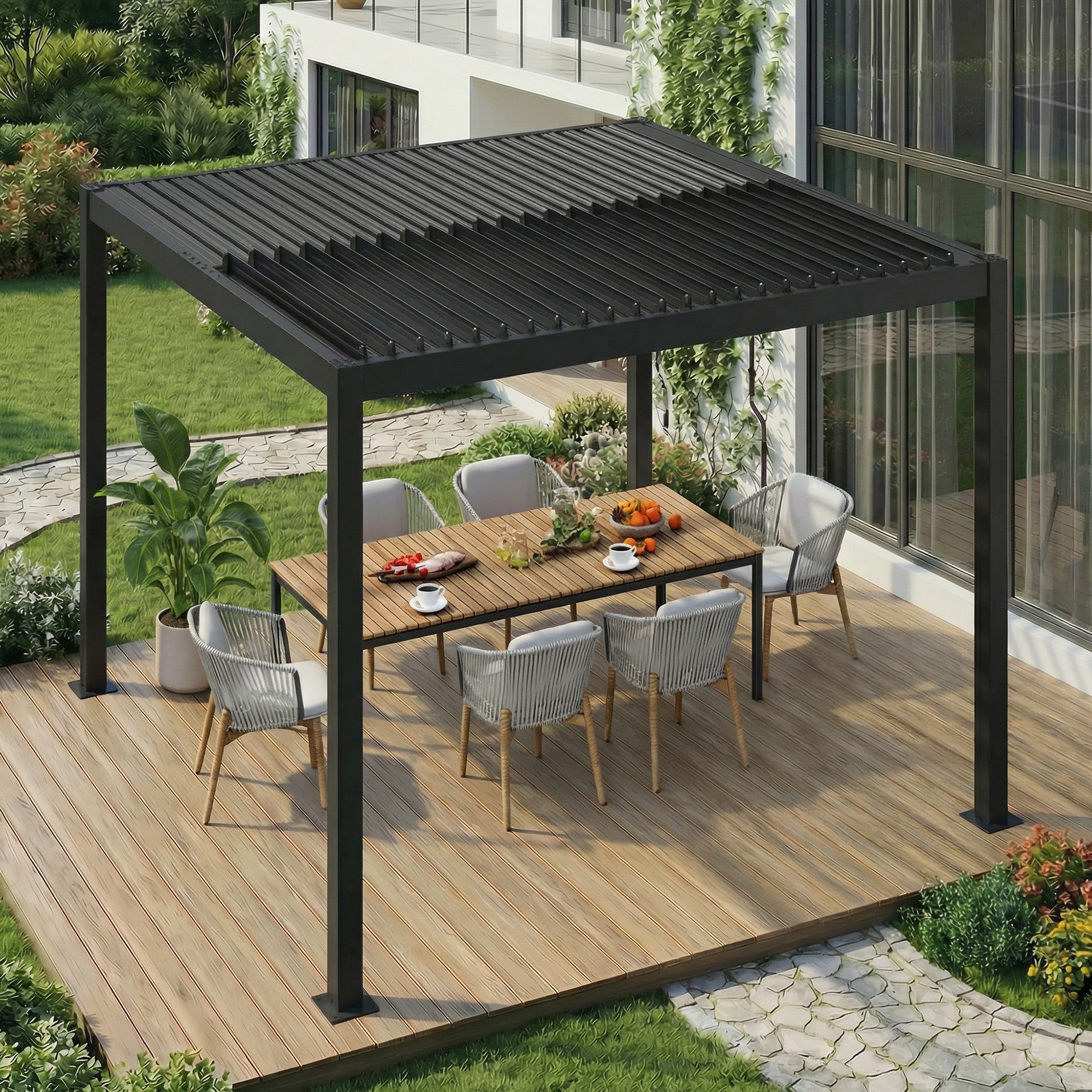 HOMREST 10' x 10' Outdoor Pergola with Adjustable Louvered Roof & Integrated Drainage, Heavy-Duty Metal Louvered Pergola for Patios, Black