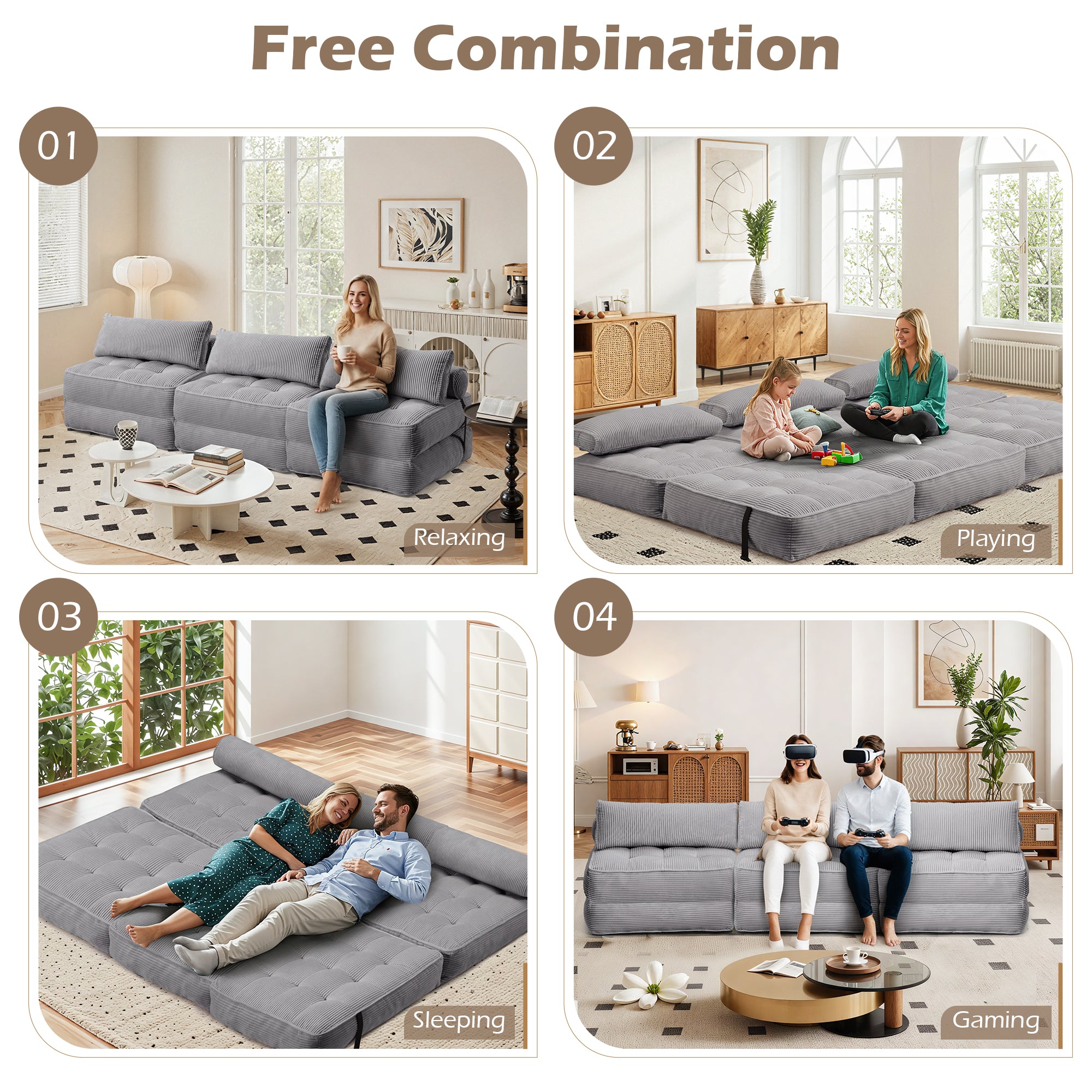 HOMREST 3-Piece Modular Sectional Sofa, Convertible Lounge Set – Foldable Couch Bed, Gray Blue