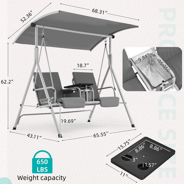 Homrest 2 Seat Outdoor Porch Swing with Adjustable Canopy, Gray
